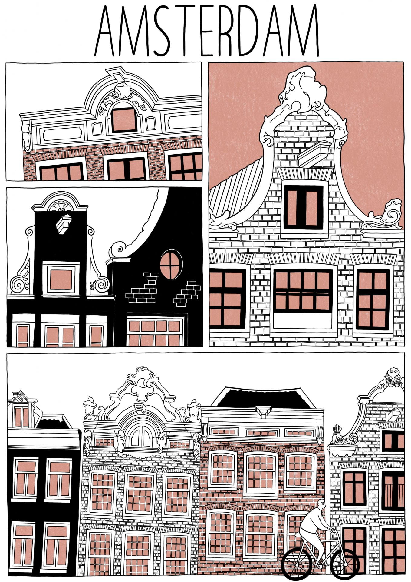 Illustration. A selection buildings rendered in different shades of black and pink. Title reads: 'Amsterdam'.