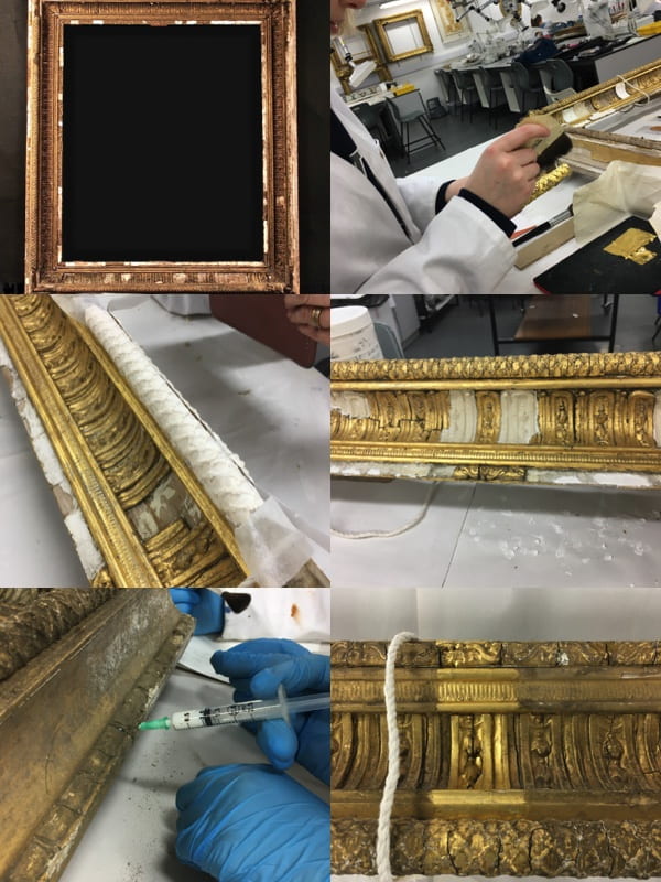 Six photographs of a gilded frames at various stages of preservation.