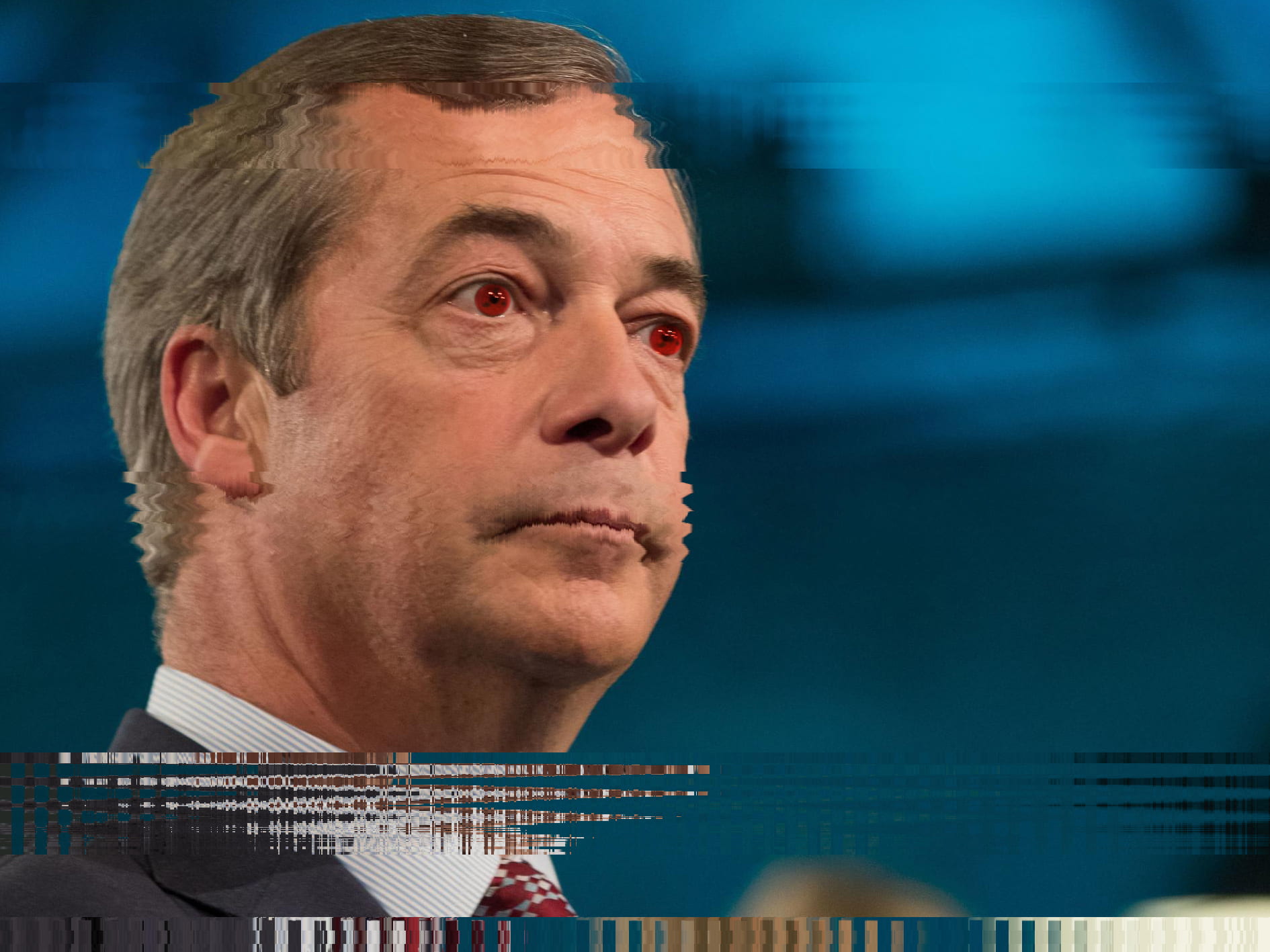 Glitched still-image of Nigel Farage, with red, glowing eyes.