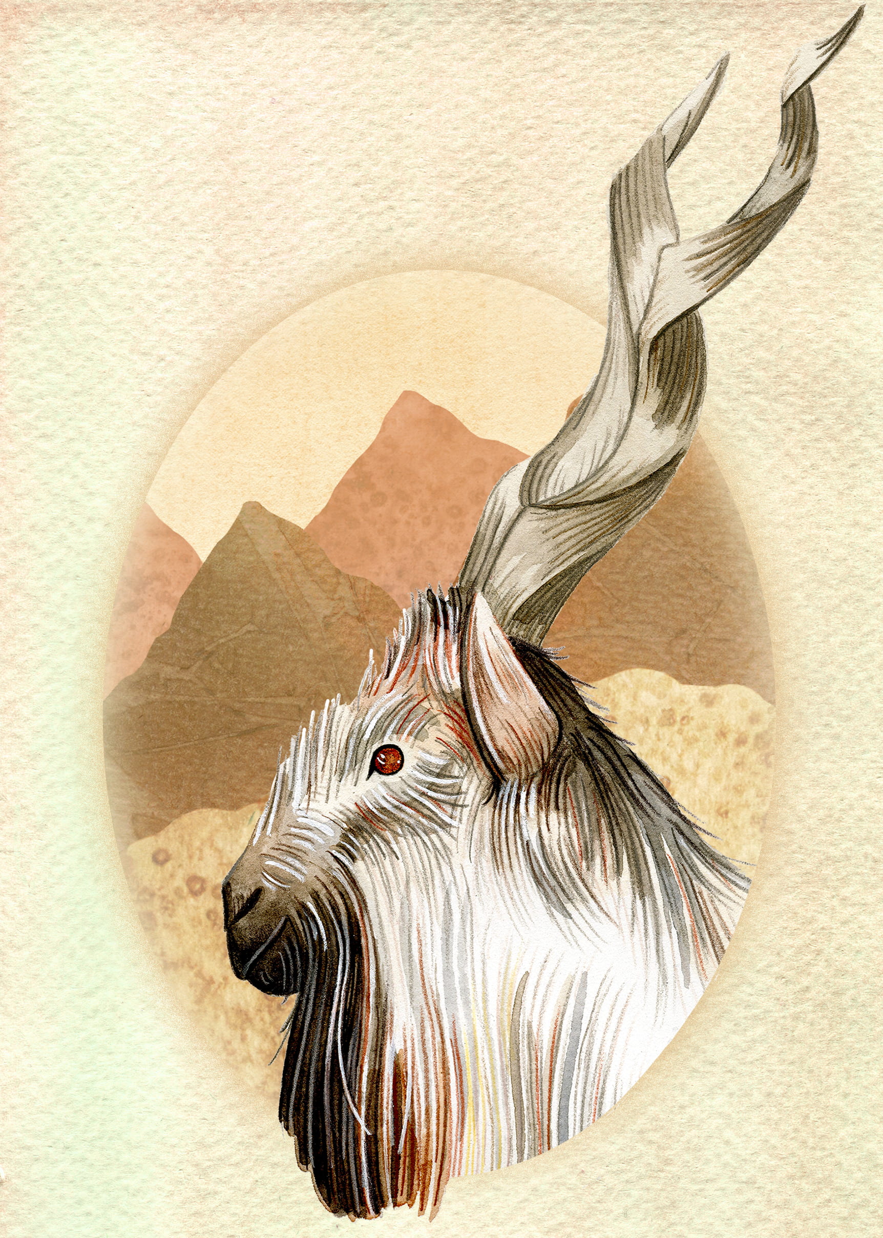 Painting of a Markhor Goat, mountainous terrain shown in the background