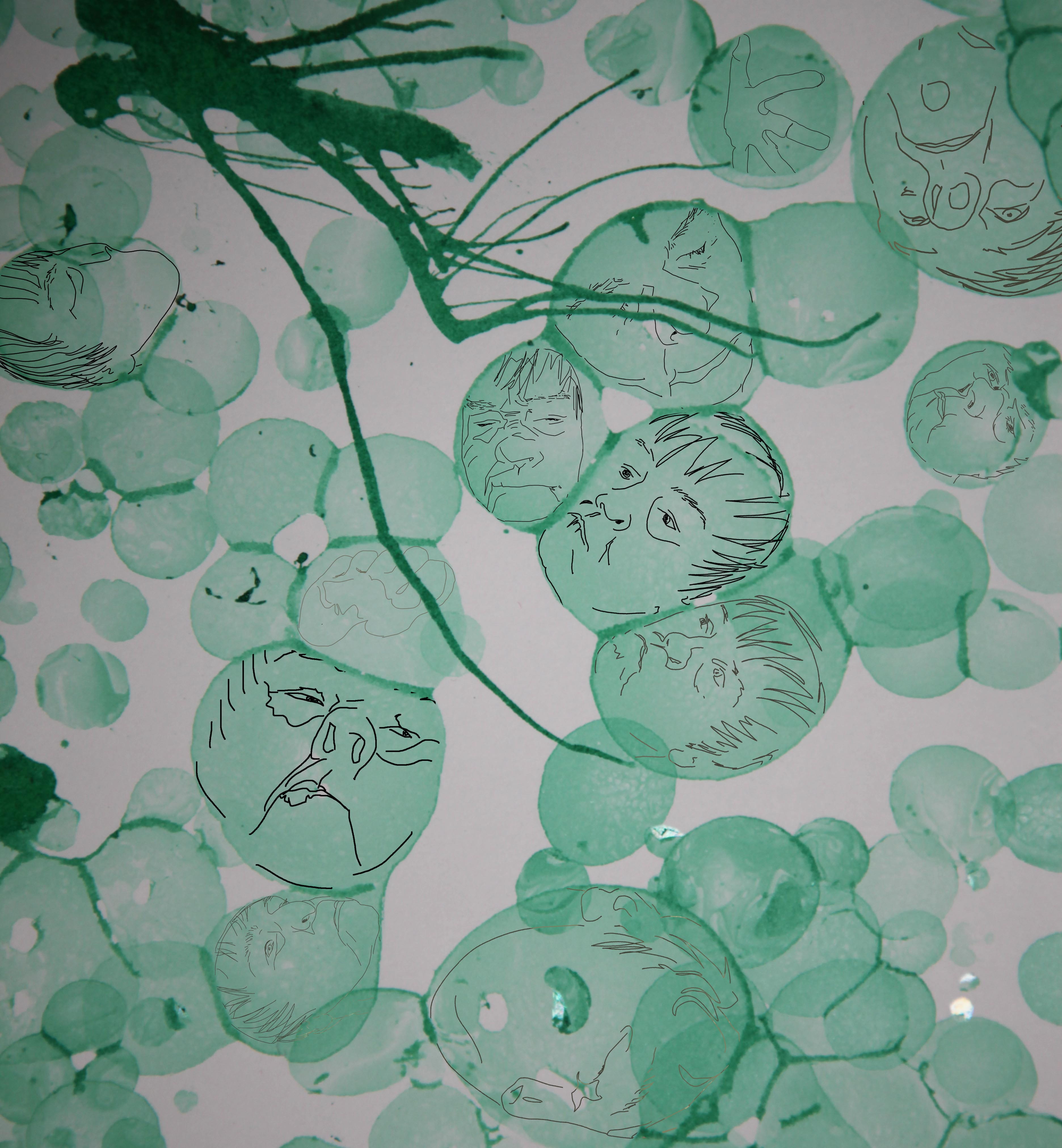 Faces drawn into green bubbles.