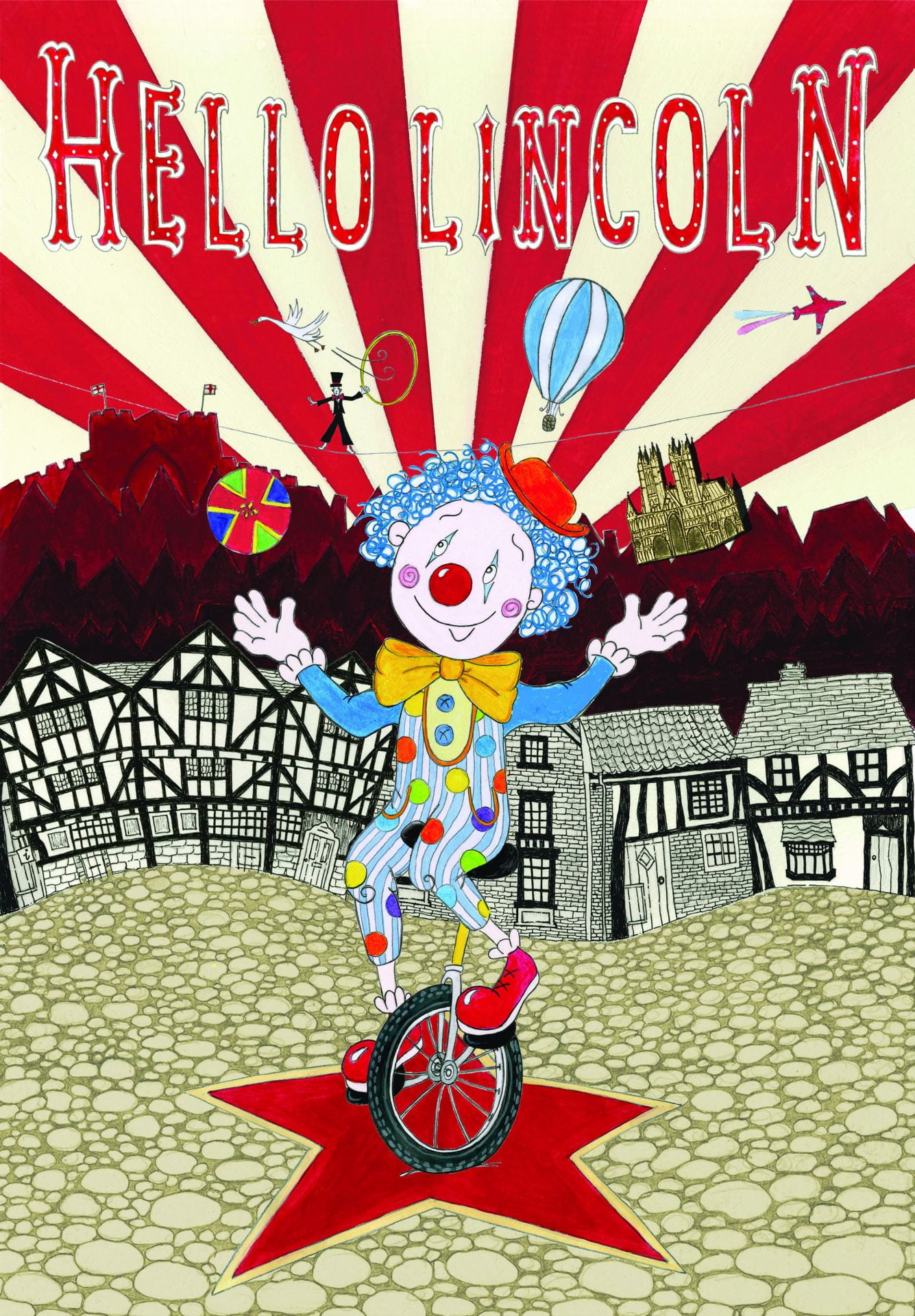 Illustration, a clown on a unicycle juggling, a red and white striped pattern with houses are in the background, text above reads: 