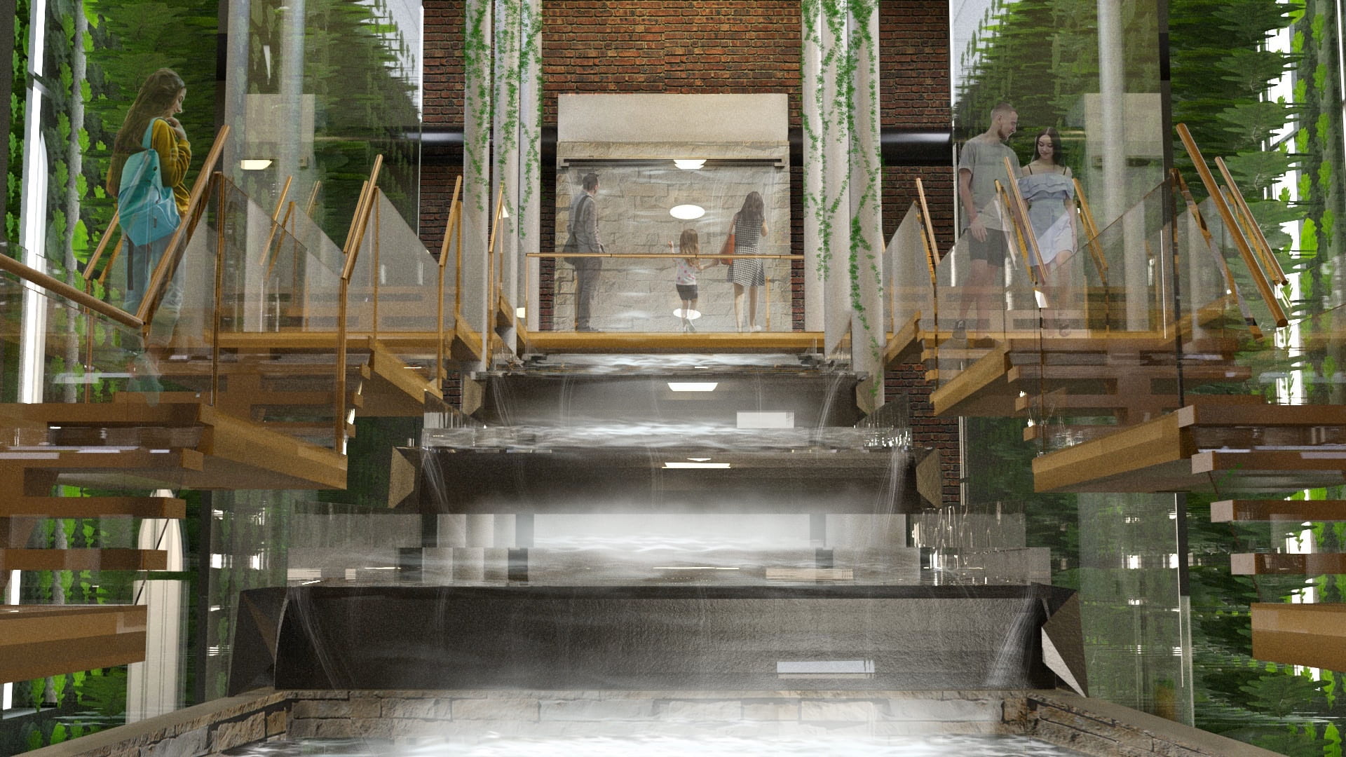 Main visual showing the waterfall travelling down through the centre of the building, completing the aquaponics cycle.
