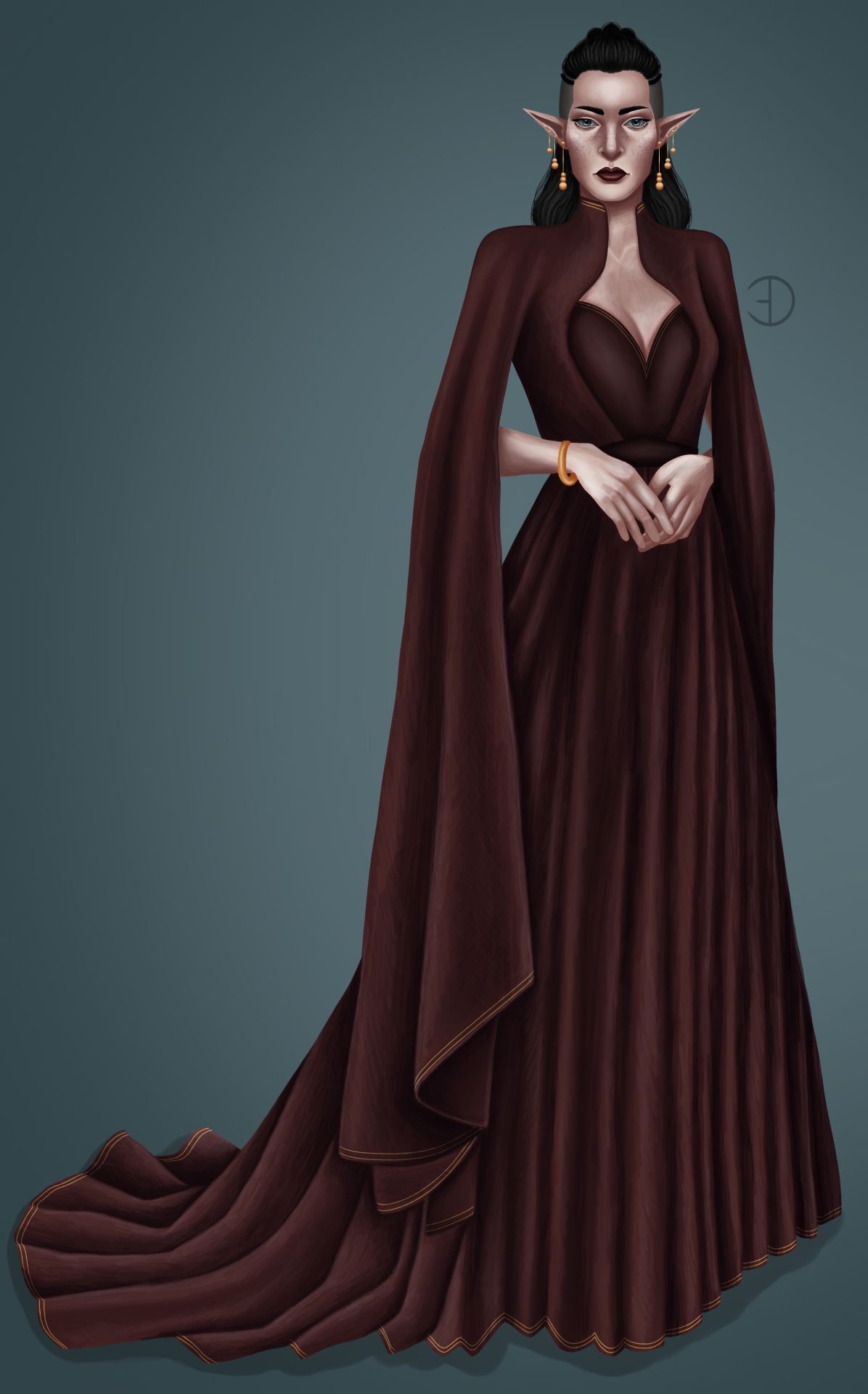 A full-body illustration of a regal-looking woman wearing a long, deep red dress with a built in Cape, standing with her hands clasped together delicately.