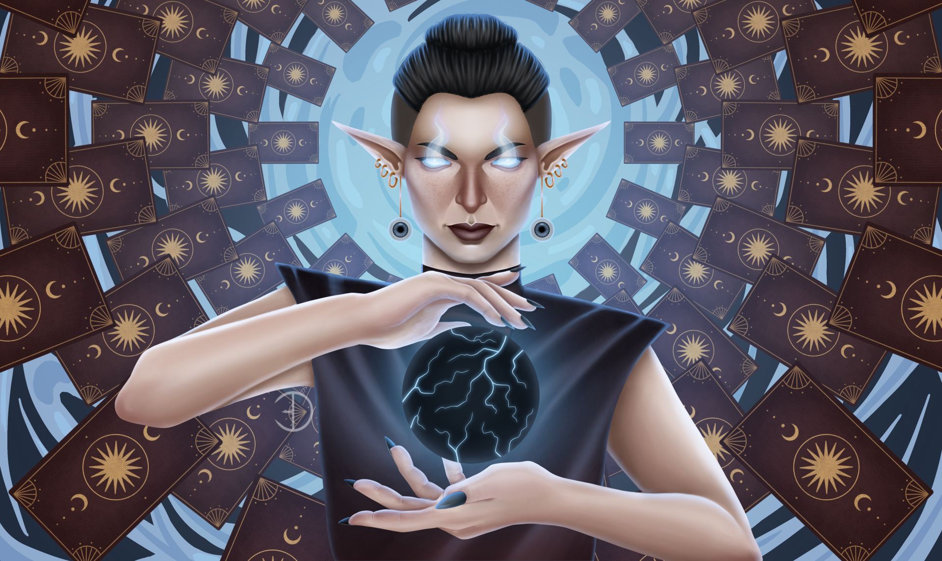 An illustration of an elf holding a glowing orb, with tarot cards floating around her.