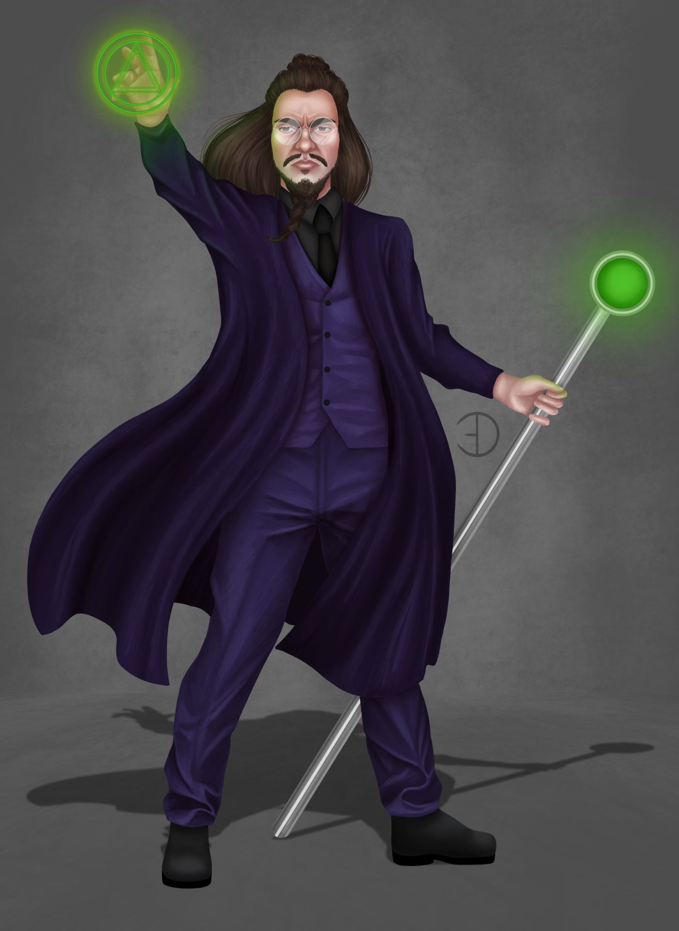 A full-body illustration of a wizard in a full purple suit and coat, with long hair and a beard holding a glowing staff. His left hand is reaching up in the air to cast a spell.