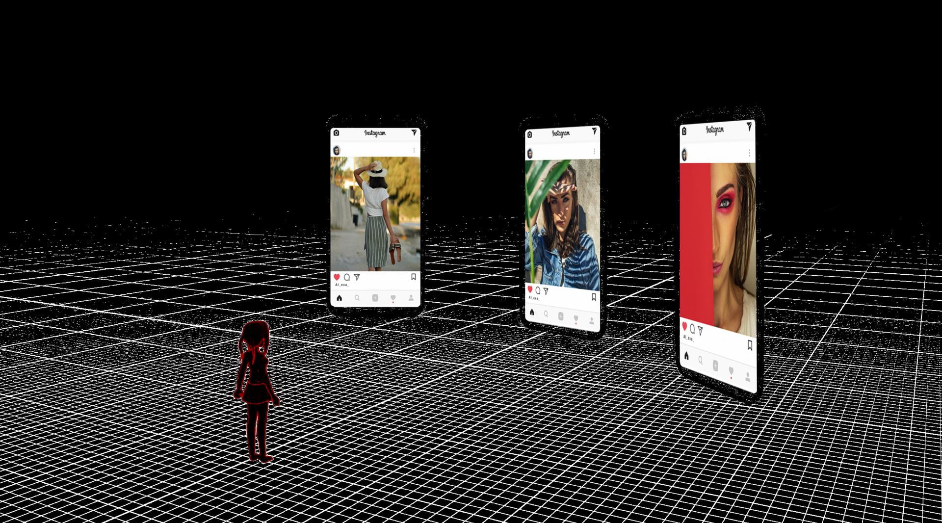 Digital image of figure standing in front of three oversized phone screens.