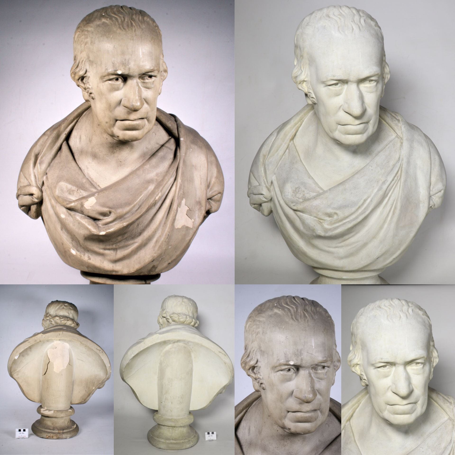 A chipped and dirty clay bust of inventor James Watt, and next to it, the same bust, but clean and with the chips filled-in.