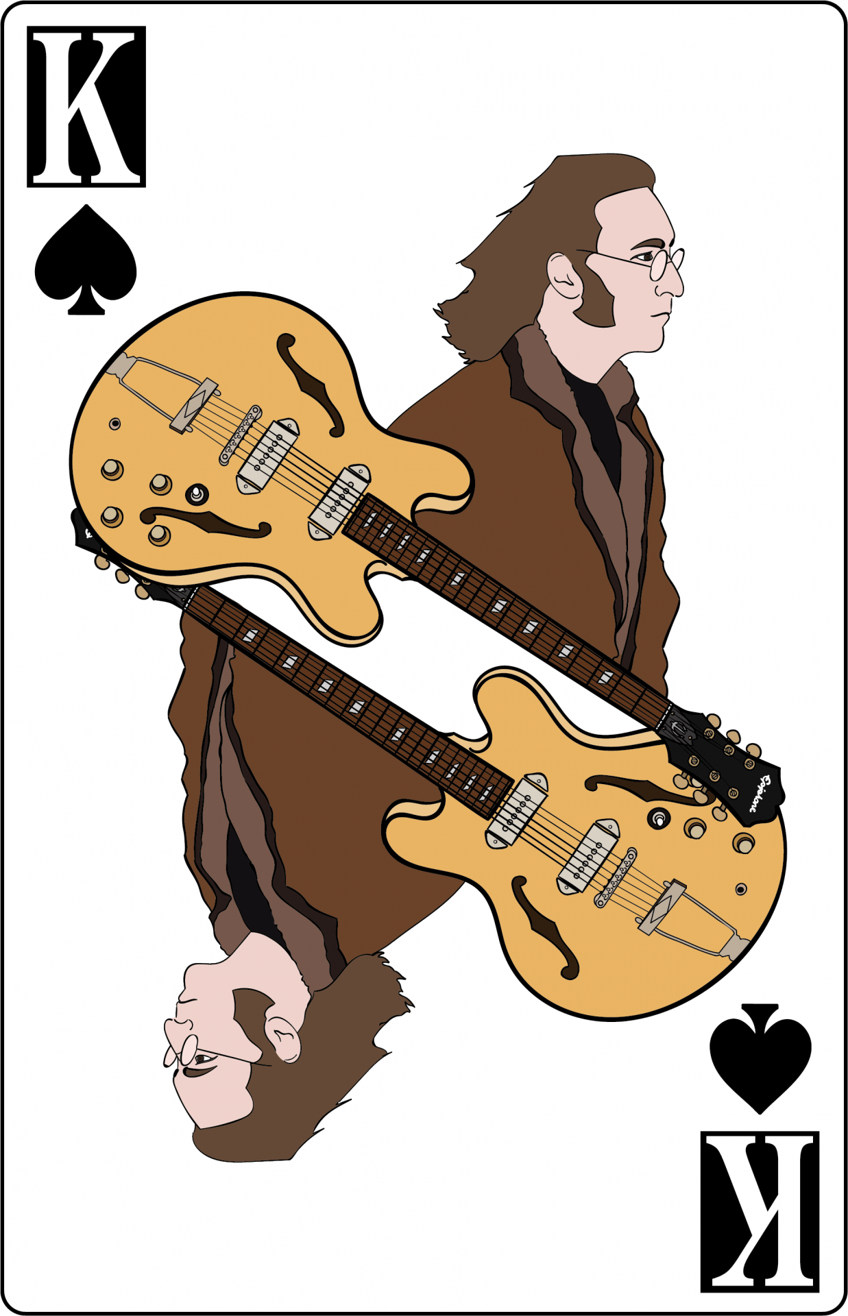 Illustration, John Lennon on a King of Spades playing card, accompanied by an Epiphone Casino guitar