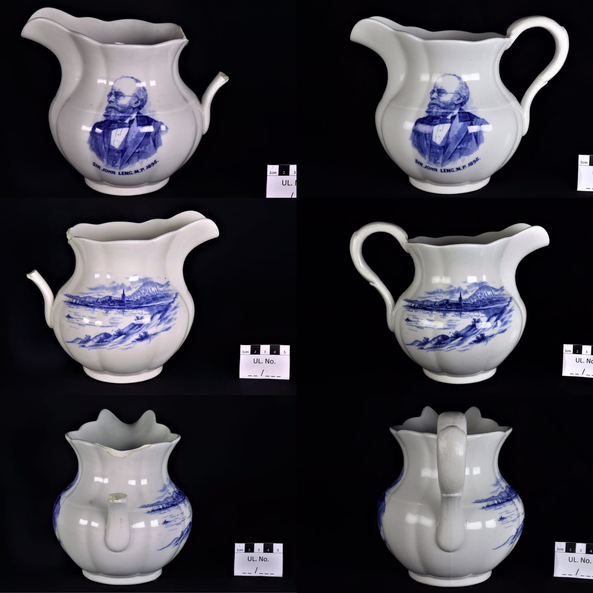 To the left, a white earthenware jug with a broken handle. To the right, the same jug with the handle restored.