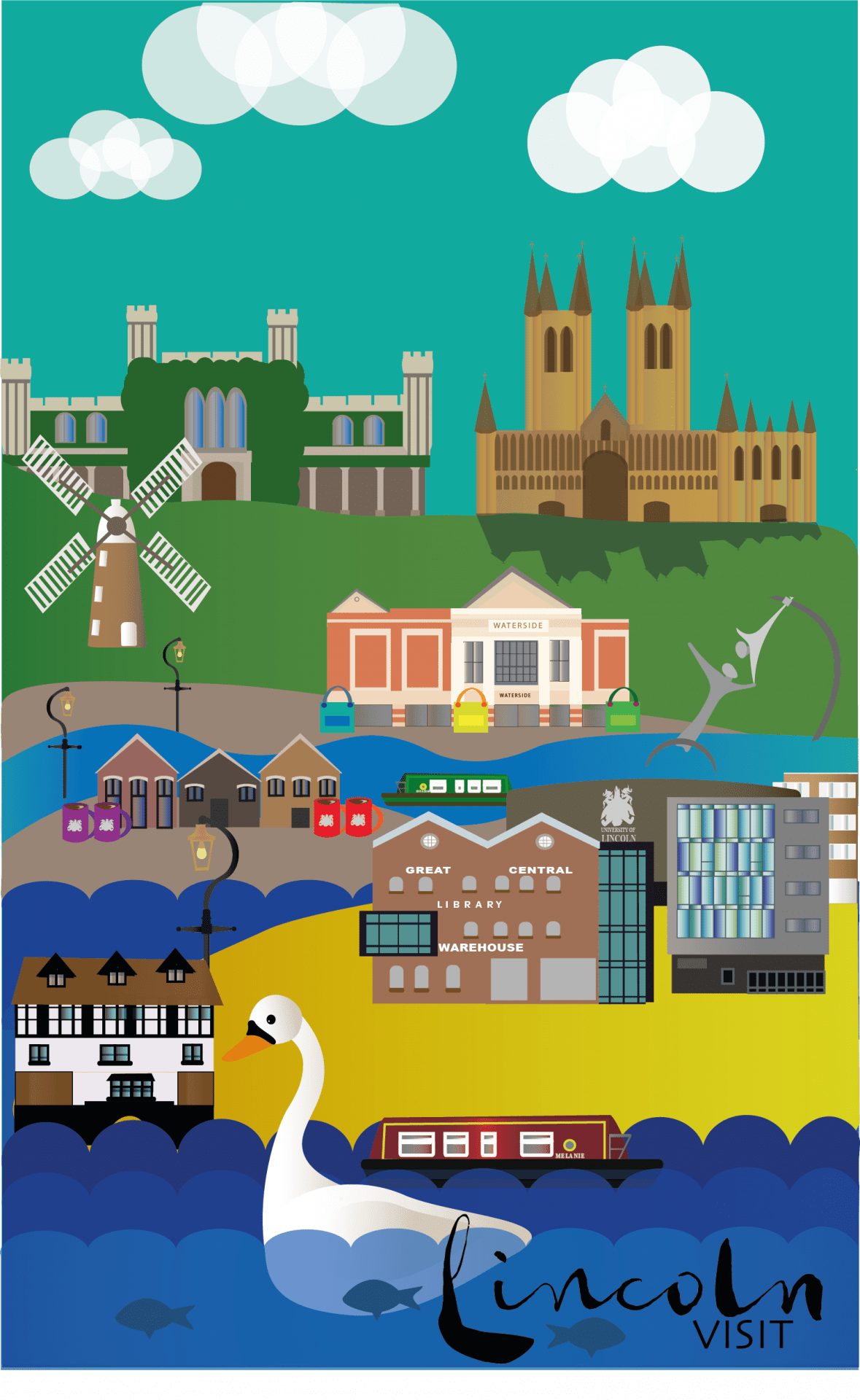 Illustration. A poster composed of minimalist illustrations of Lincoln landmarks, the bottoms reads: 