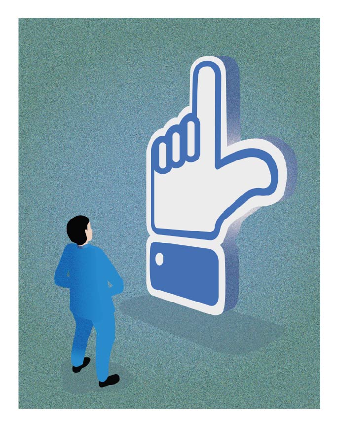 a man dressed in blue looks at a symbol that resembles a Facebook like