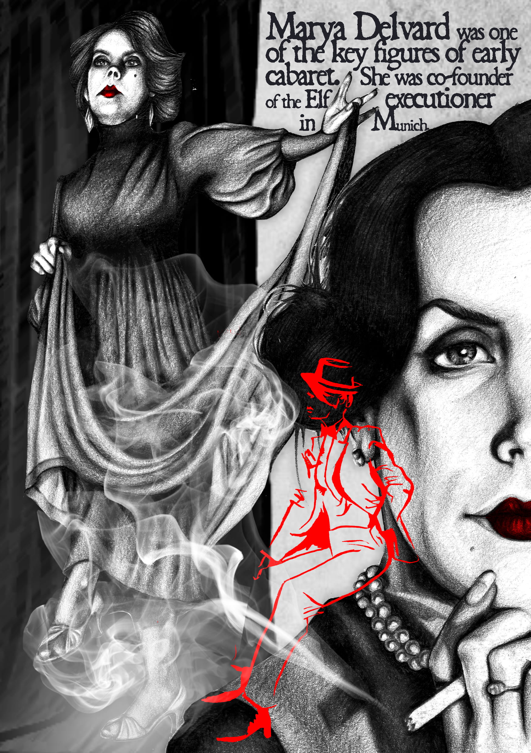 An illustration depicting cabaret star 'Marya Delvard', a close up of half of her face in the foreground, with a full body illustration by the side of it.
