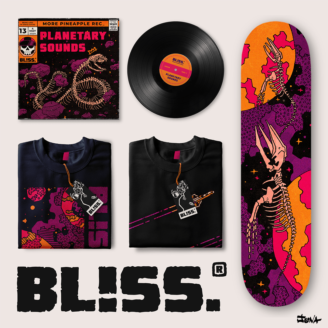 Mock up of Vinyl, t shirt, and skateboard designs for 'Bliss'