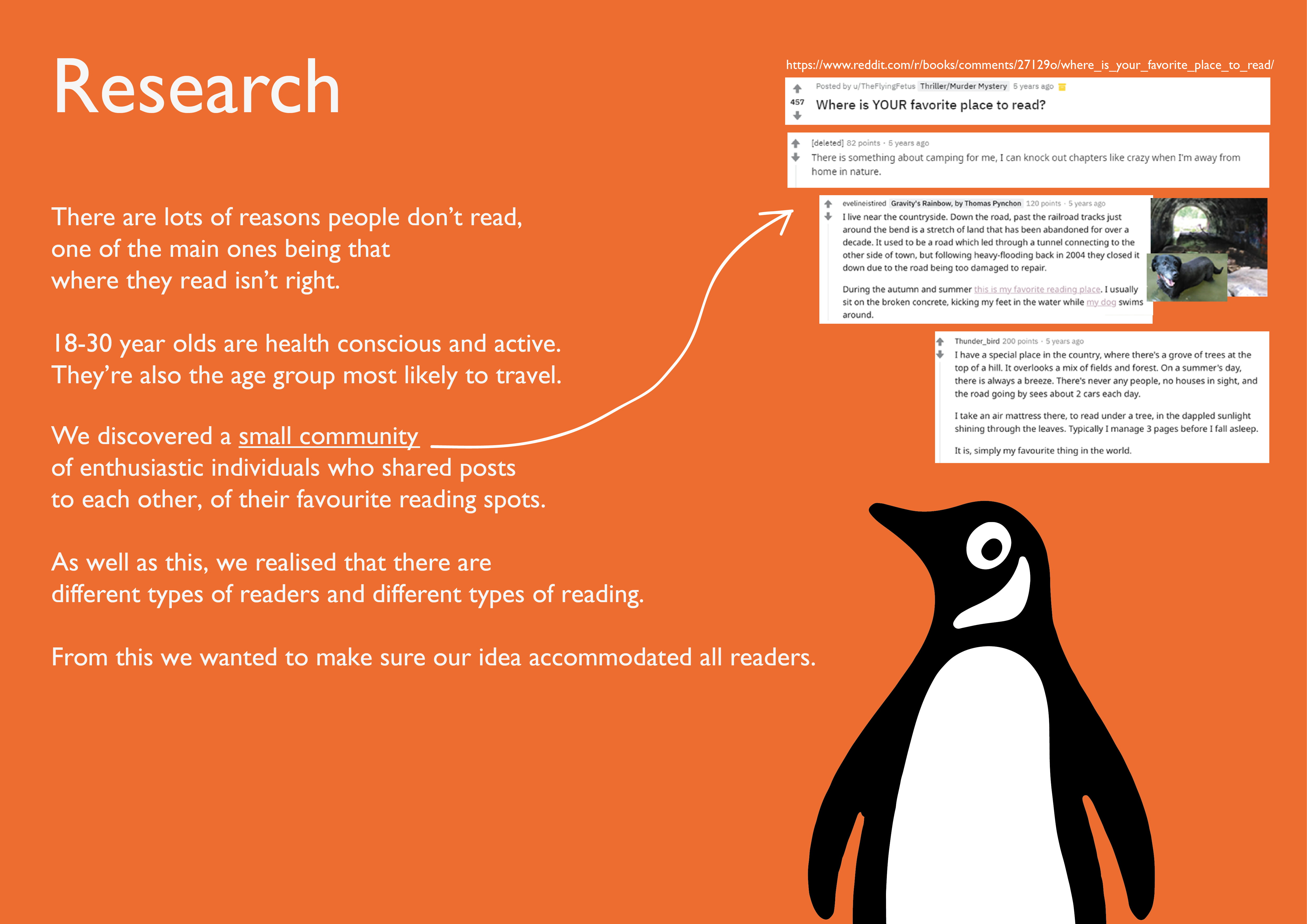 Research poster with concept of idea on orange background with Penguin logo.