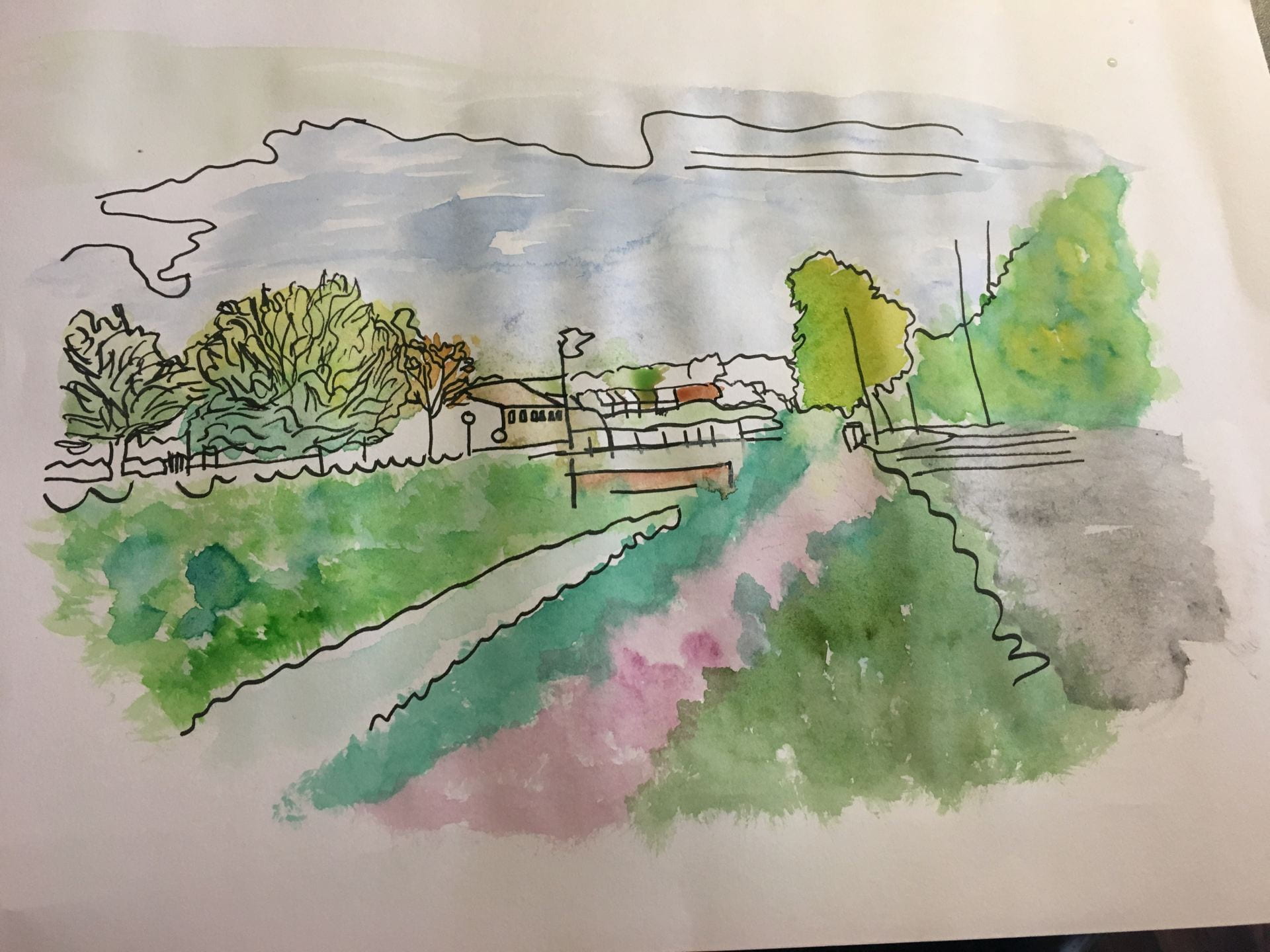 Painting of algae filled river in Lincoln by Jasmine Summers.
