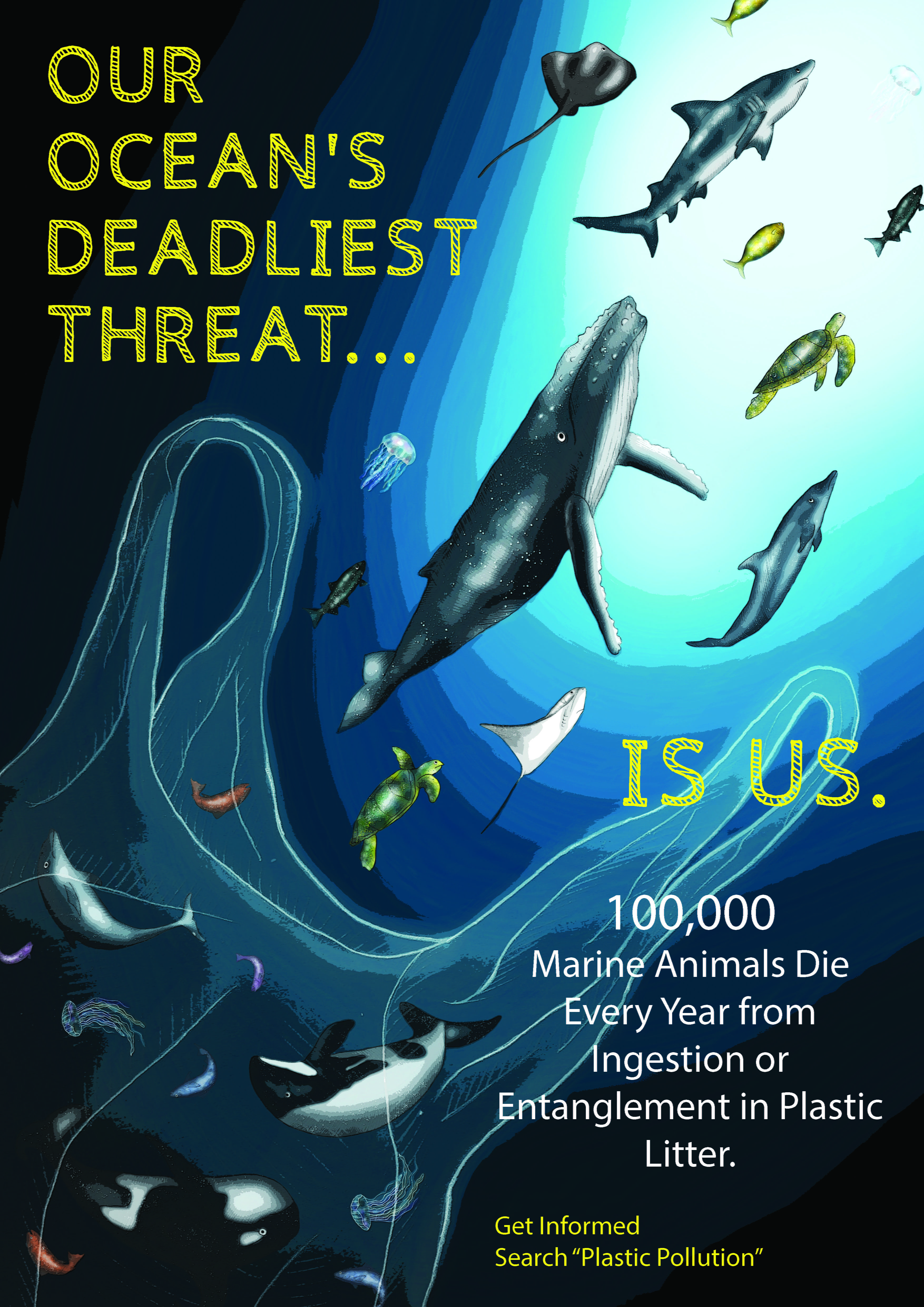 Illustrated poster of sea-life swimming away from a giant plastic bag. Title reads: 'The ocean's deadliest threat, is us.'
