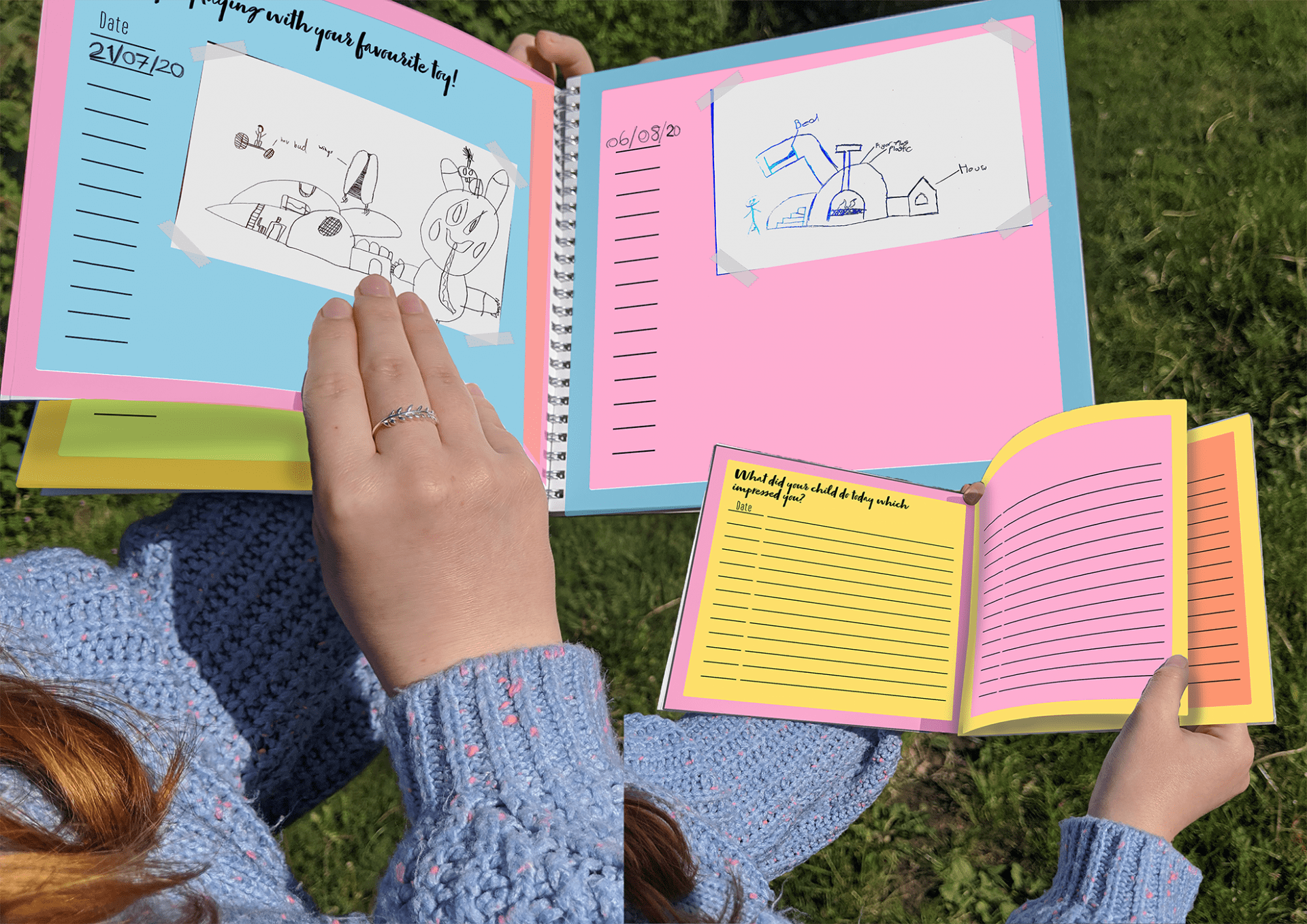 Someone holding a brightly coloured book - to preserve memories and ideas, there are several journal pages for both parents and children to write on with a different question or prompt on each page.
