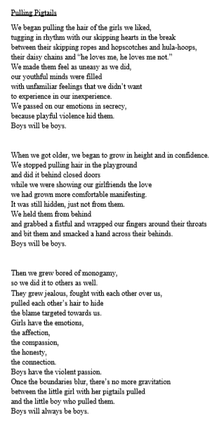 Poem entitled 'Pulling pigtails'#.