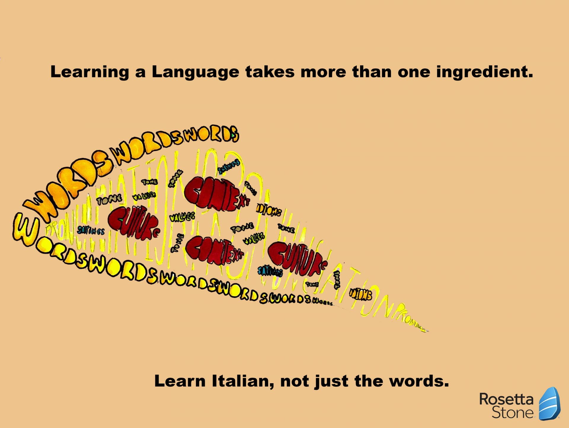 Illustration of a pizza made up from a variety of words with caption: Learn Italian, not just the words