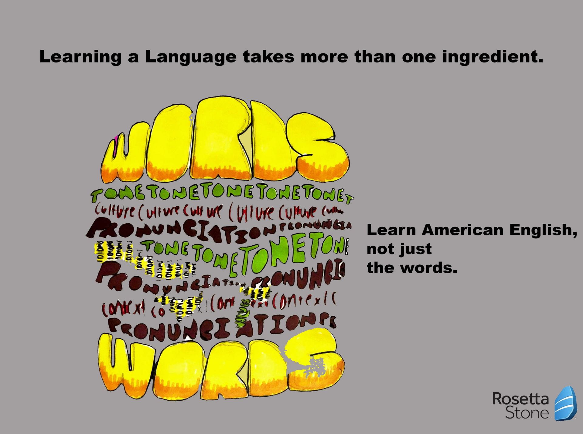 Illustration of a burger made up from a variety of different words with the caption: Learn American English, not just the words