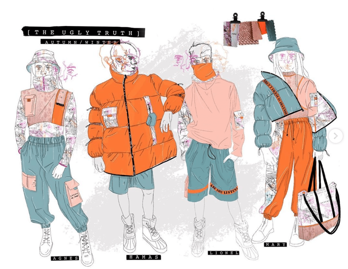 Sketches of four orange and green garments.
