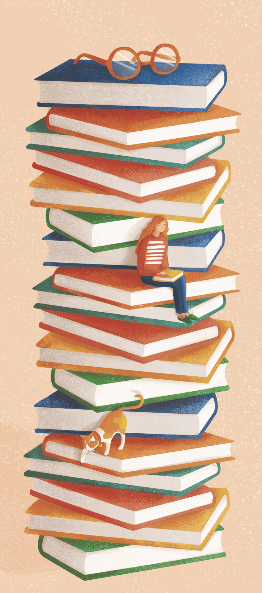 Illustration of an oversized stack of red, orange, green and blue books, with a woman sitting on the middle book reading and a cat playing below.