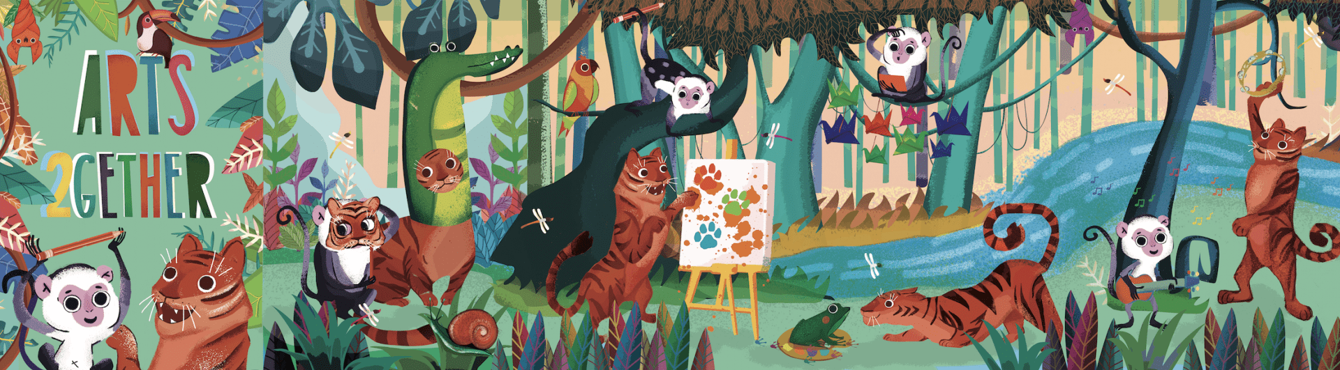 Illustration of a variety of animal creating art, music and crafts in a jungle with the title Arts2gether.