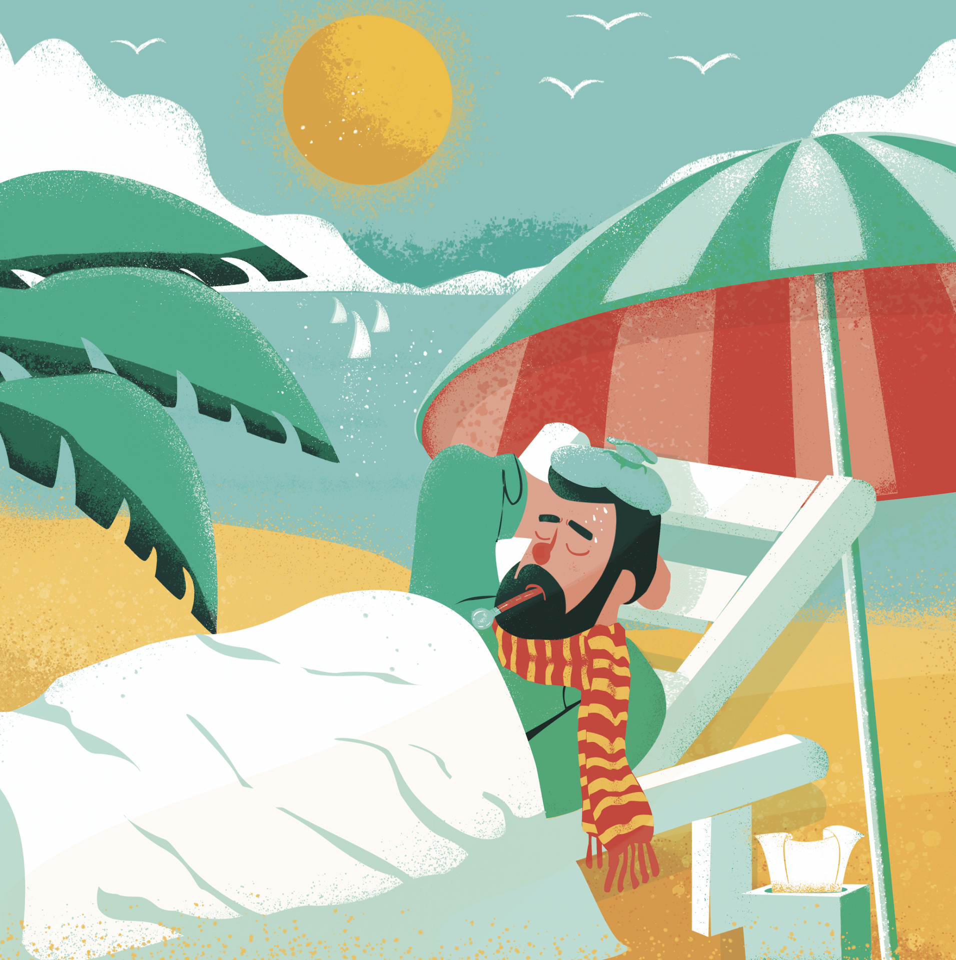 Illustration of a bearded man with a thermometer, lying on a sun lounger on the beach, covered by a blanket, and wearing a red and yellow scarf.