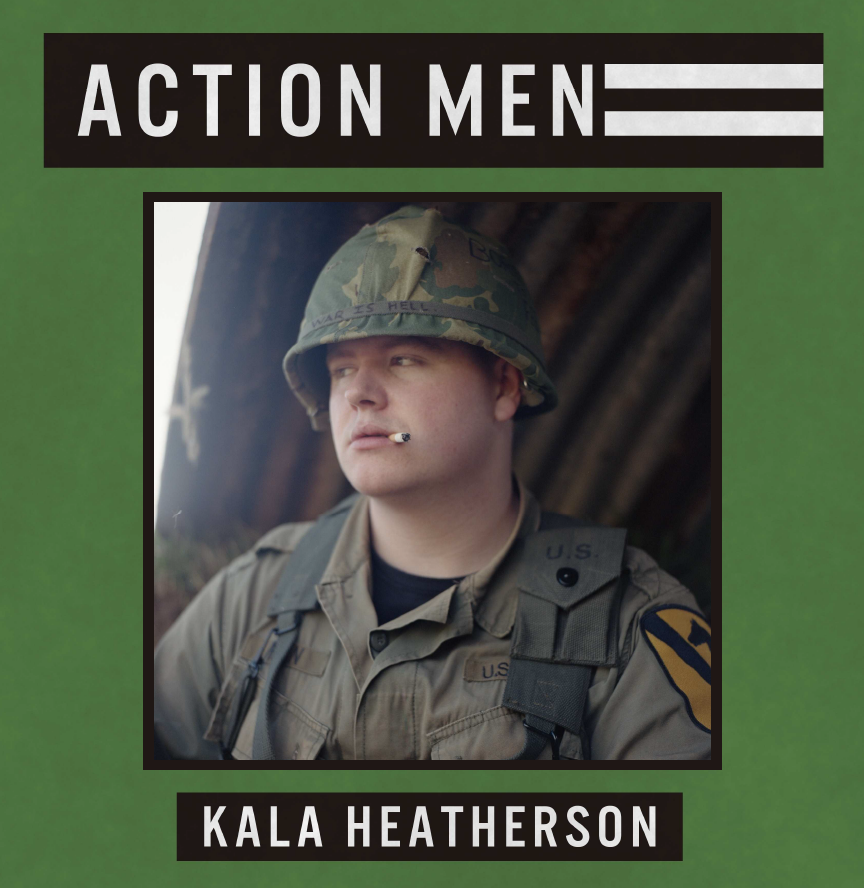 The cover is a dark green, with the title 'Action Men' in a military font. The cover image is a young man wearing a vietnam era uniform. He is looking away from the camera while smoking a cigarette.