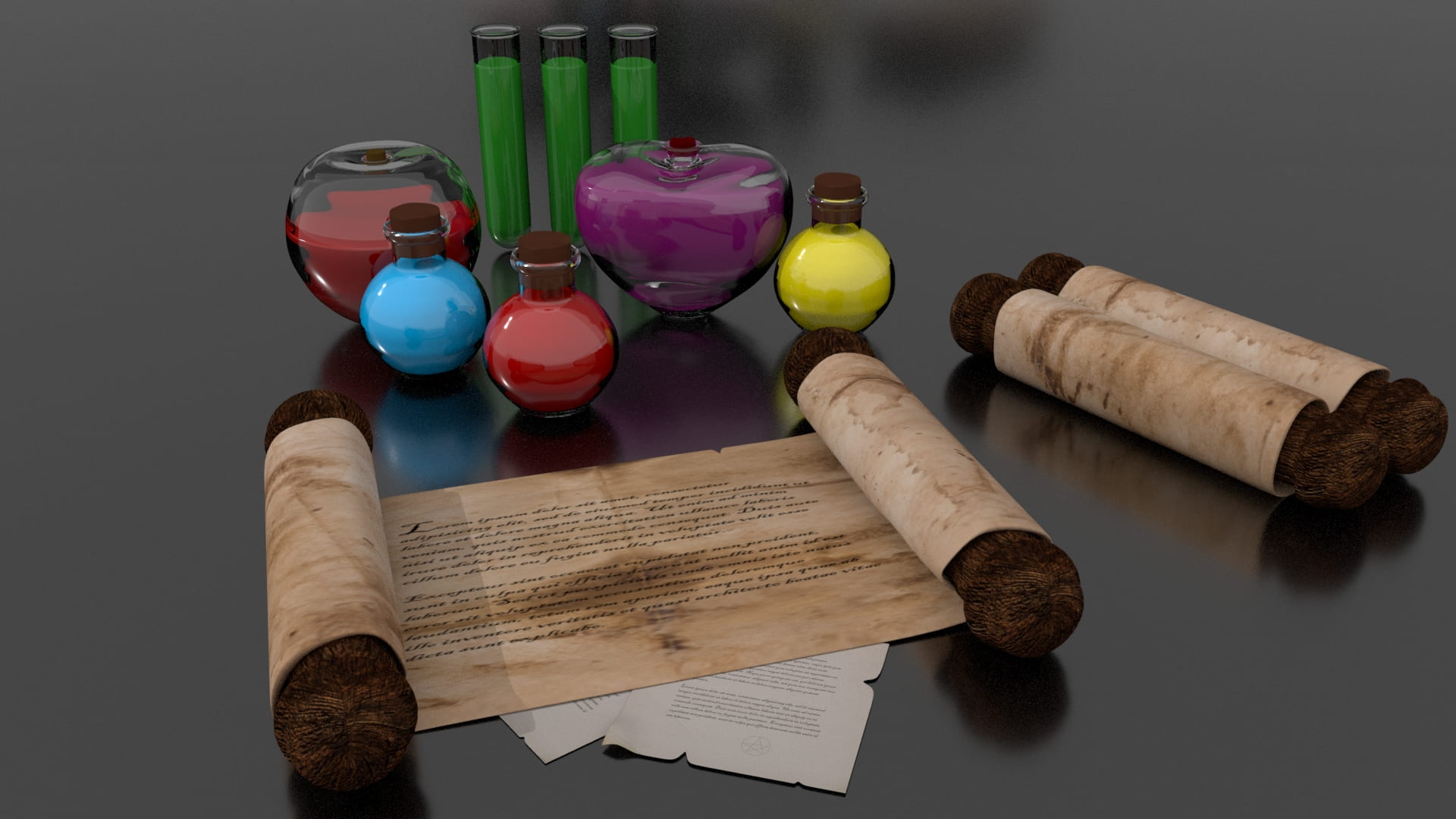 A number of different shaped bottles containing various coloured liquids and a scroll on brown paper.