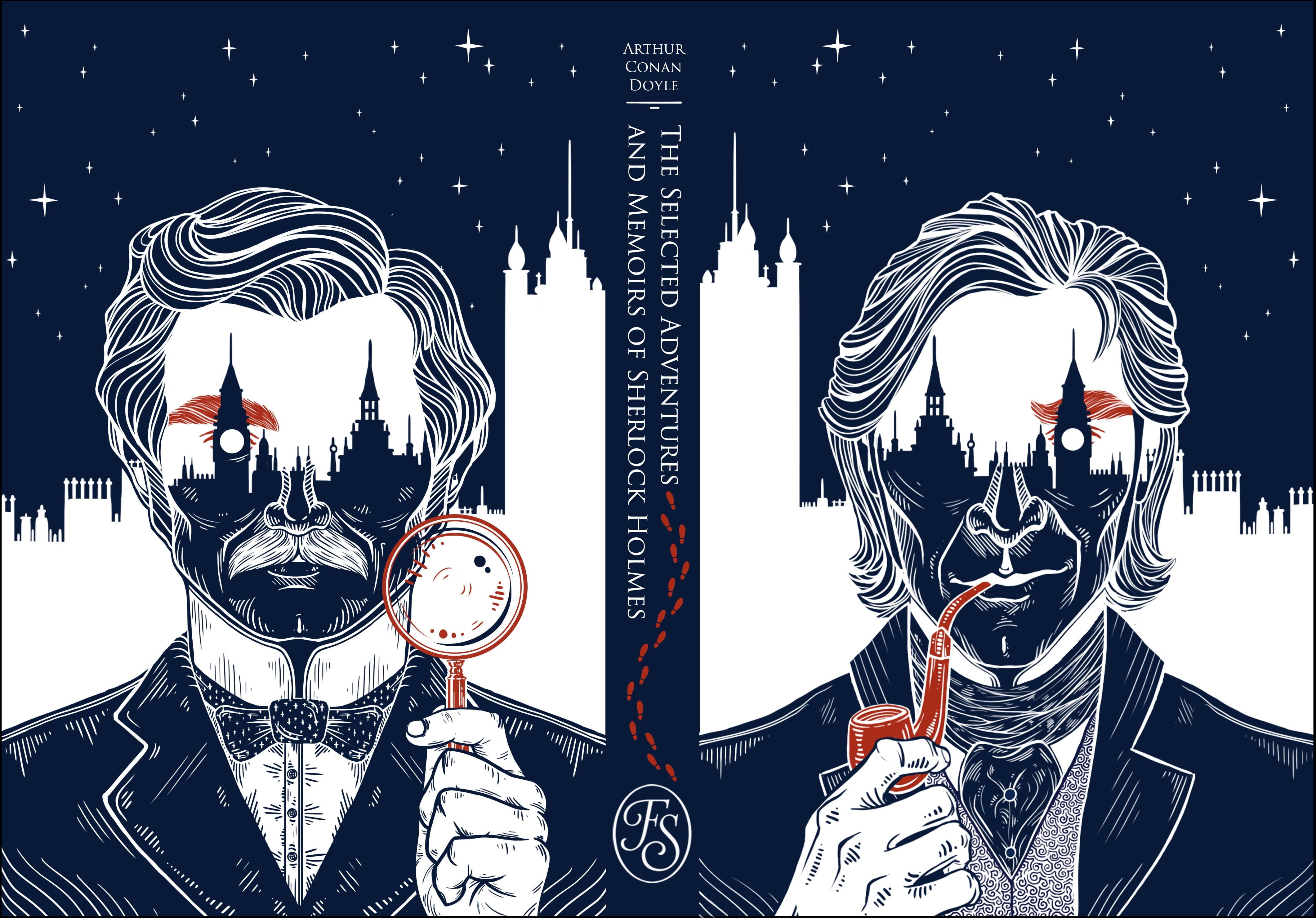 An illustration, a book cover design for 'The Selected Adventures and Memoirs of Sherlock Holmes', the back and front cover mirror a design of the outlines of Sherlock Holmes and Watson, imagery of London monuments are drawn into the background and over their faces.