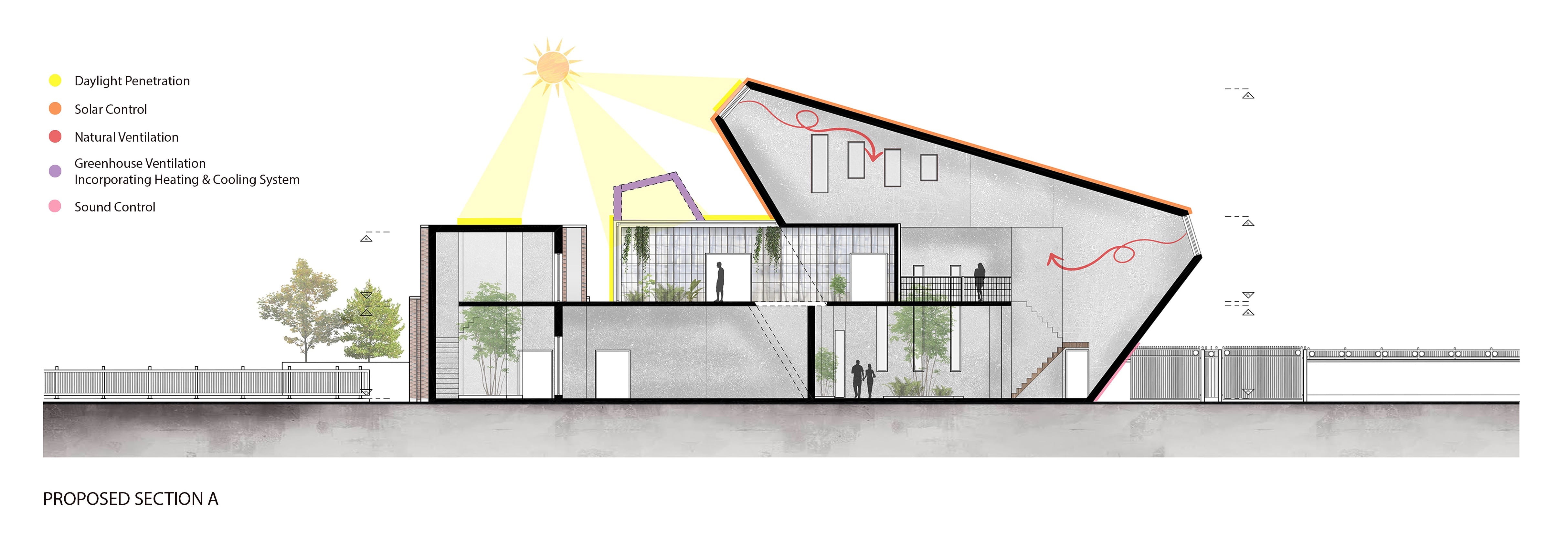Sectional of building design showing how light enters the building
