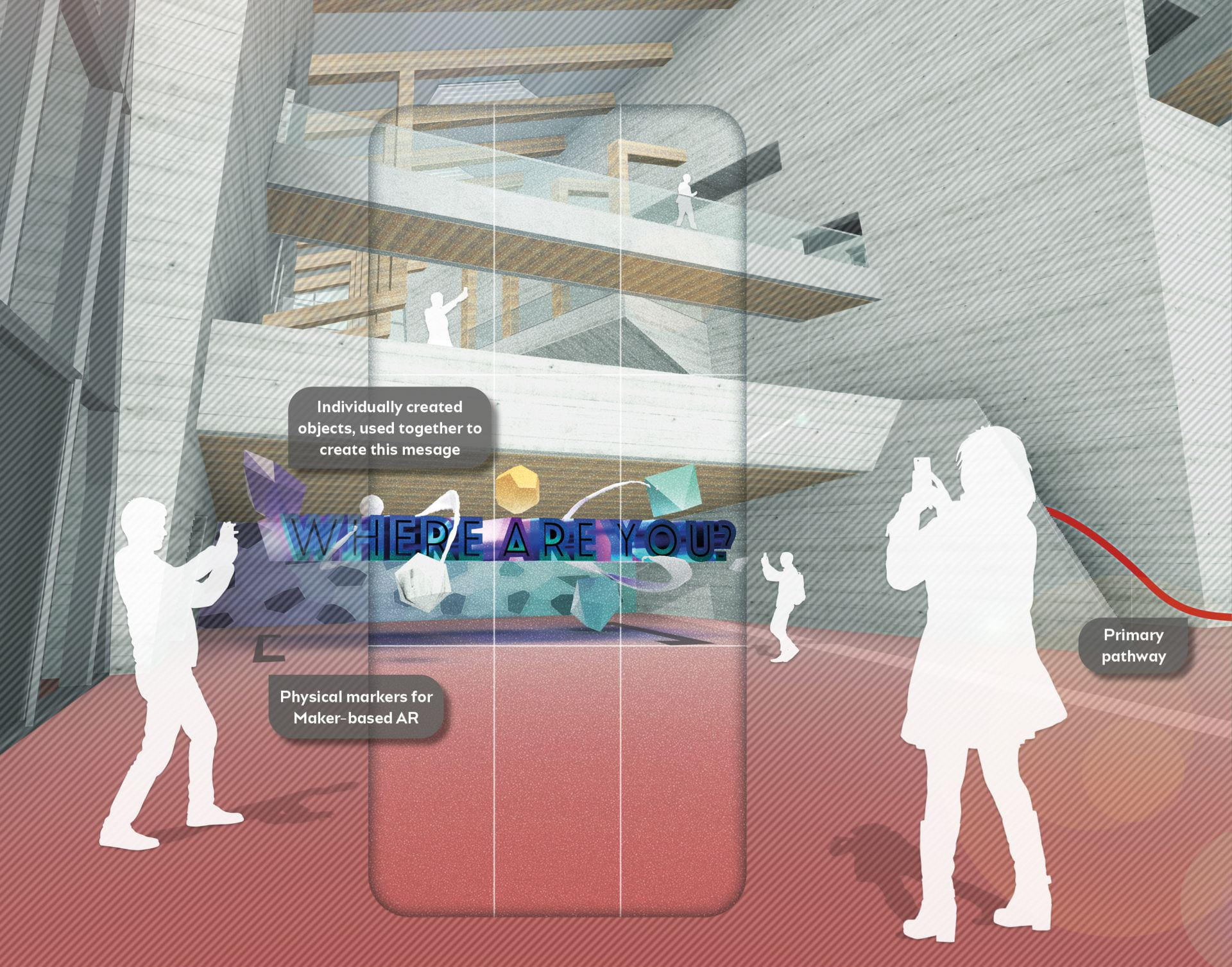 Concept of interior of building with sign saying 'where are you?'.
