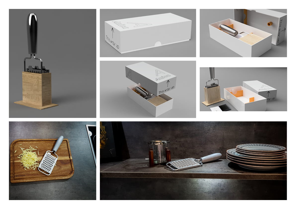 Kitchen Brief: Final renders of the product, including stand and packaging, bottom two pictures are of the physical model in-scene.