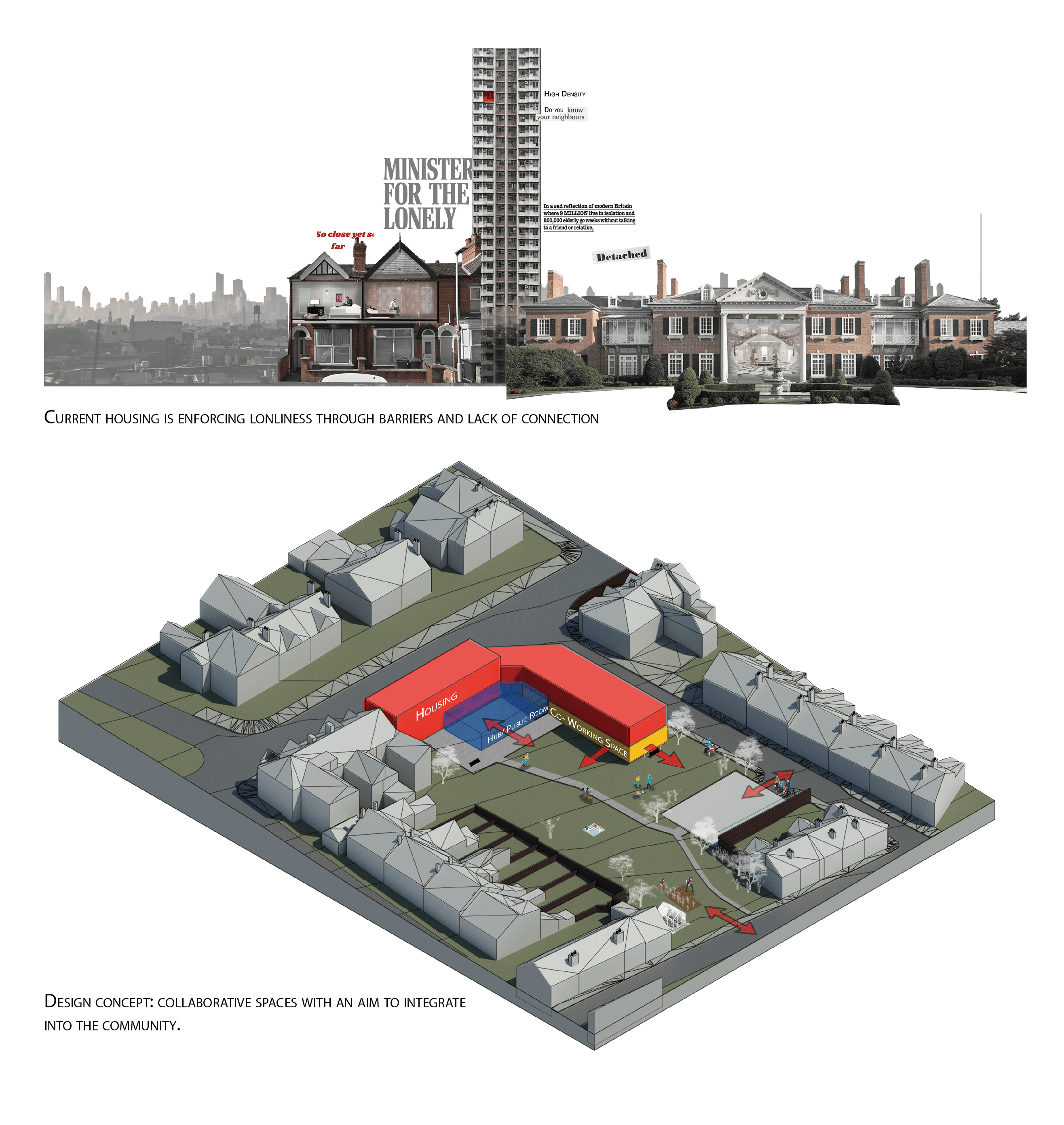 Cross section of a number of buildings include Grenfell Tower and a design concept depicting collaborative spaces.