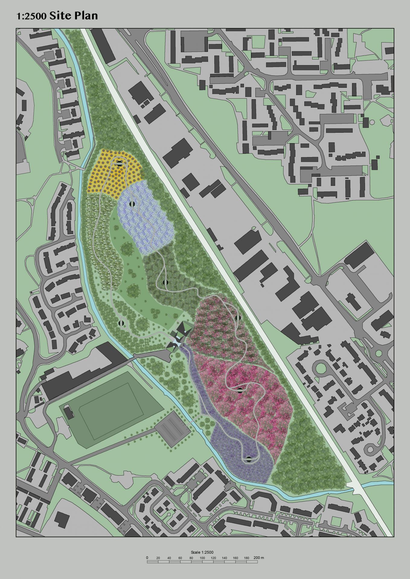 This is my site plan, showing the landscaping of the site, where the building will sit and how the nesting pods are connected with the building and the main path.
