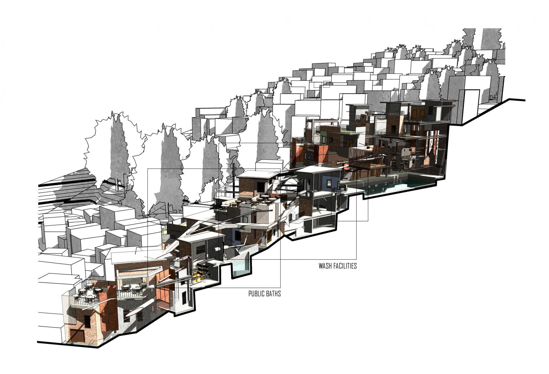 The development is deconstructed throughout the site to ensure the small scale repetitive architectural language of the favela is maintained.