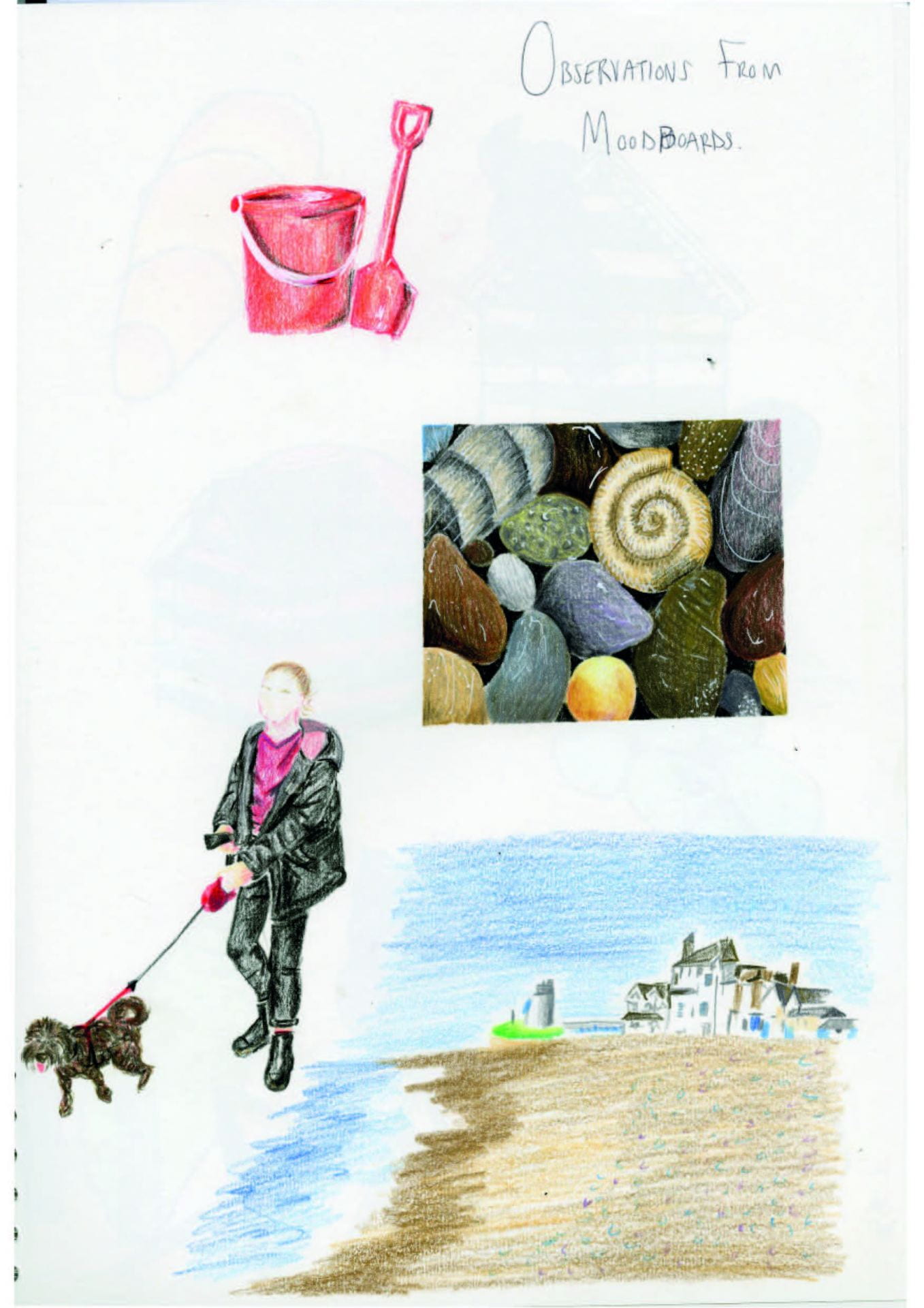 Sketch of a post depicting a red bucket and spade, sea shells and someone walking their dog on the beach.