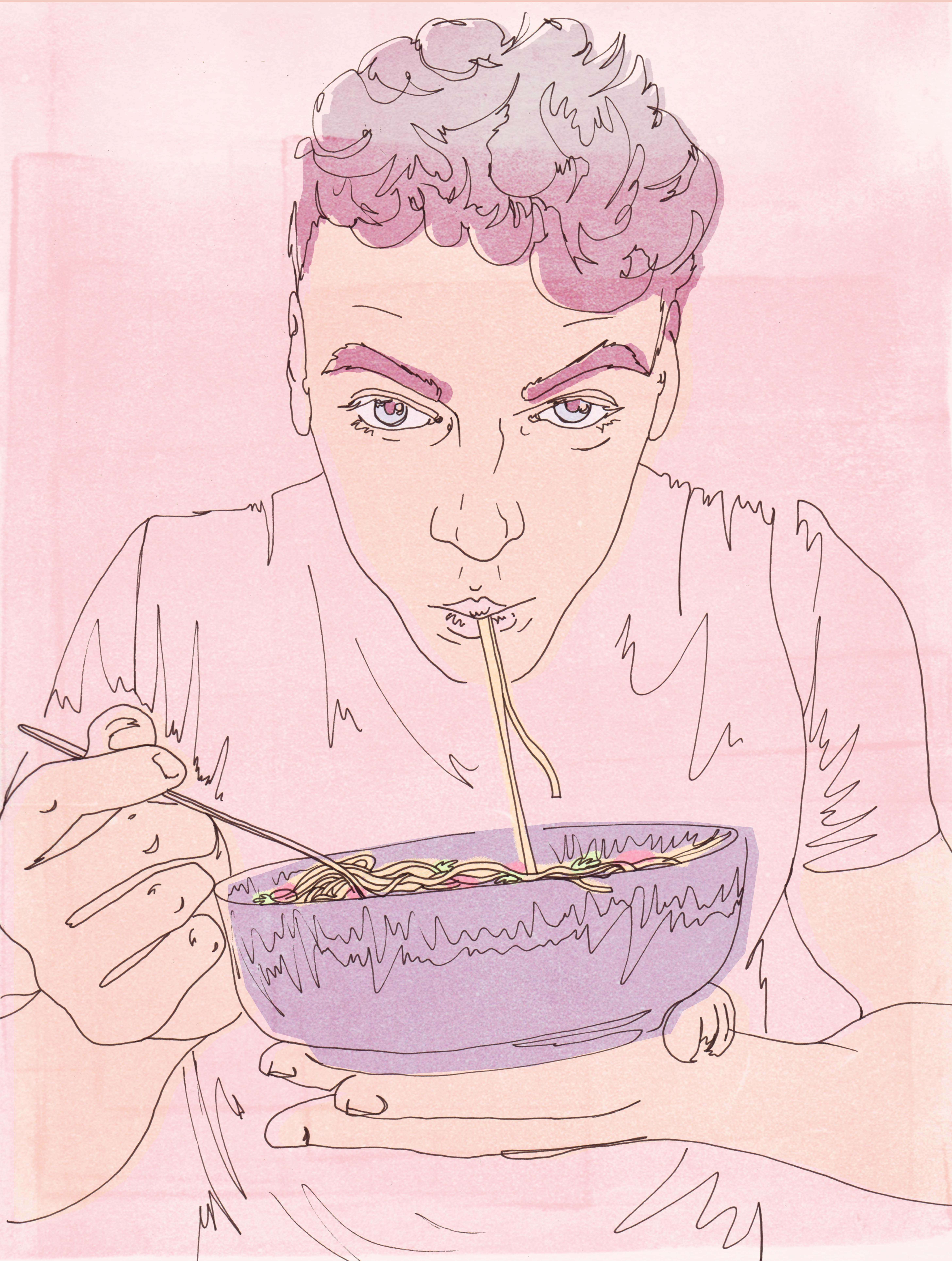 Illustration, a young man eating spaghetti from a bowl.