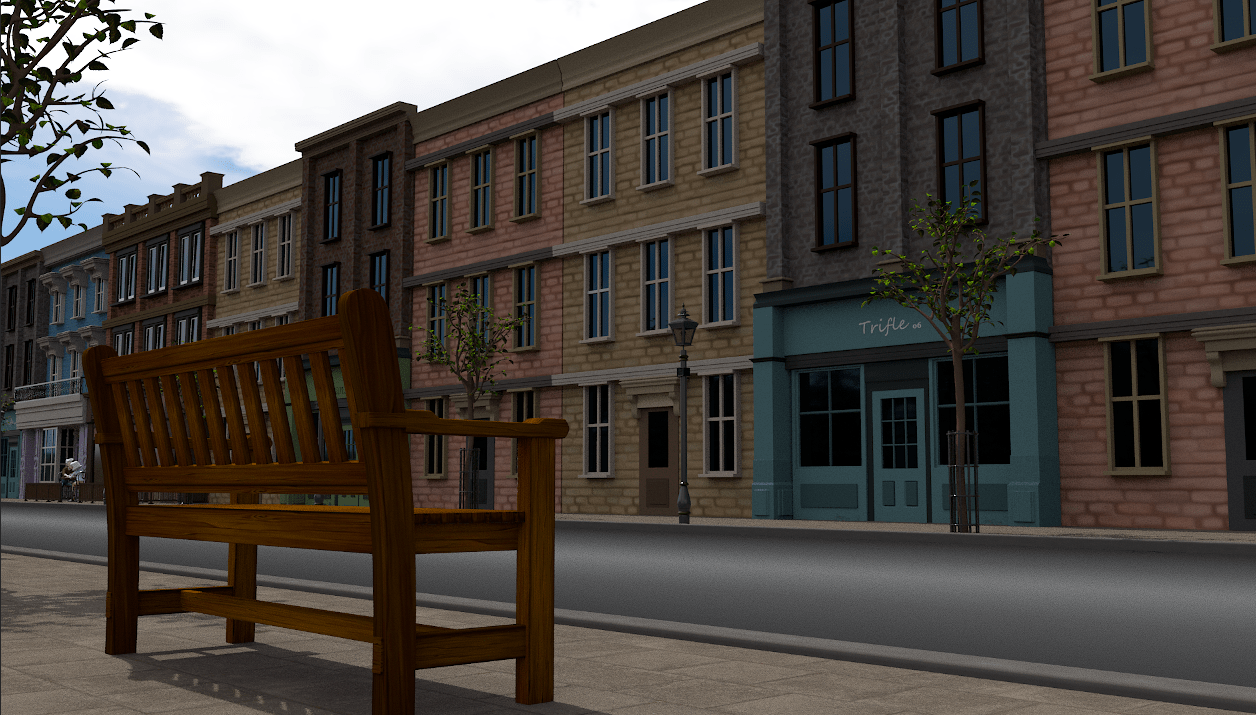 A capture from an arnold render of the street in my short film using various buildings and HDR lighting.