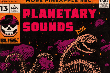 Outer packaging of a physical deluxe edition for the 12" vinyl album "Planetary Sounds" with illustrations of a skeletal monster in space