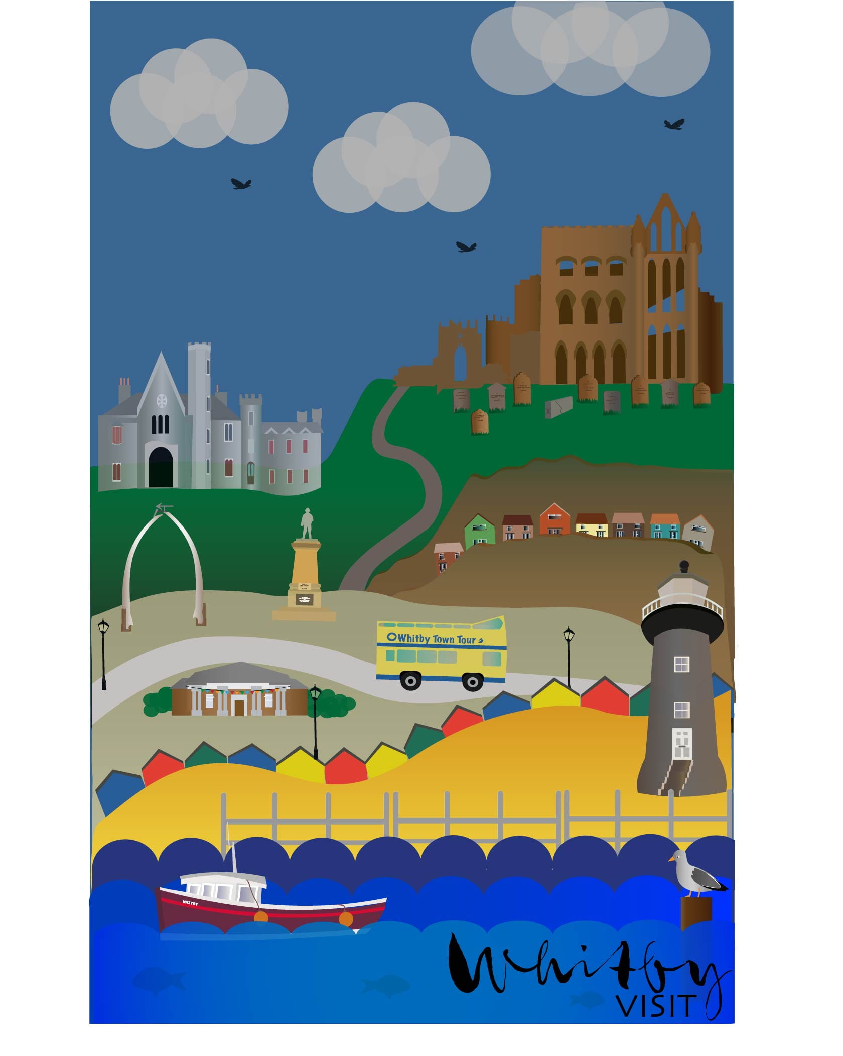 Illustration. A poster composed of minimalist drawings of Whitby landmarks, text at the bottom reads: 