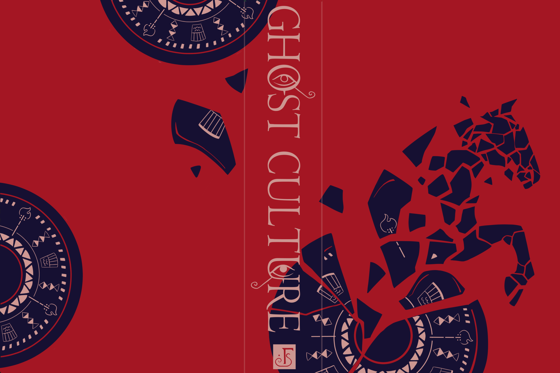 Image of a red book cover with the title 'GHOST CULTURE' written on the spine. The cover is decorated with navy blue and pink plates - one of them shattering to form the shape of a horse.
