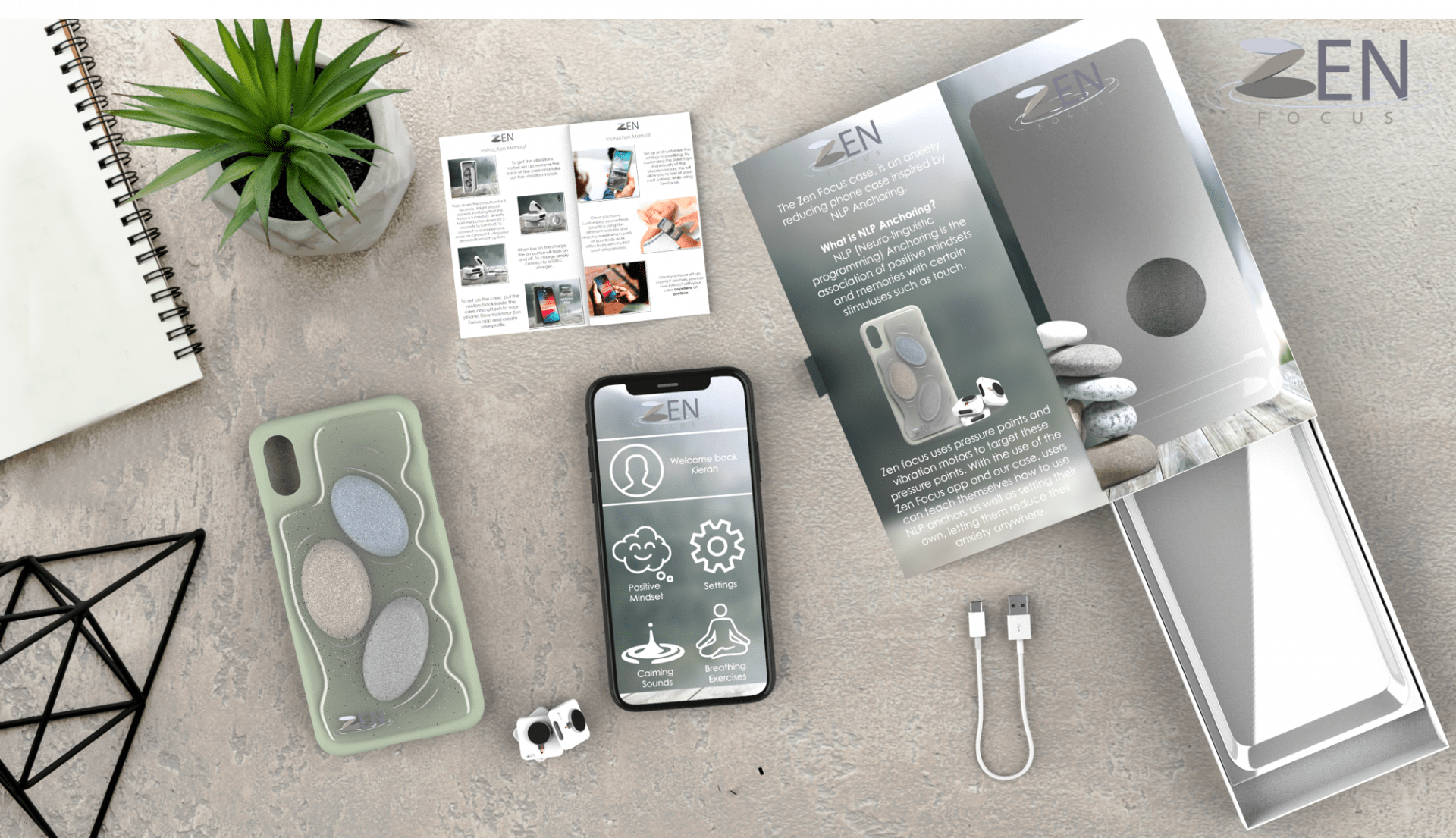 Flatlay showing all that is included when you buy a Zen Focus phone case, including a phone, case, booklet, app, box and cable. 
