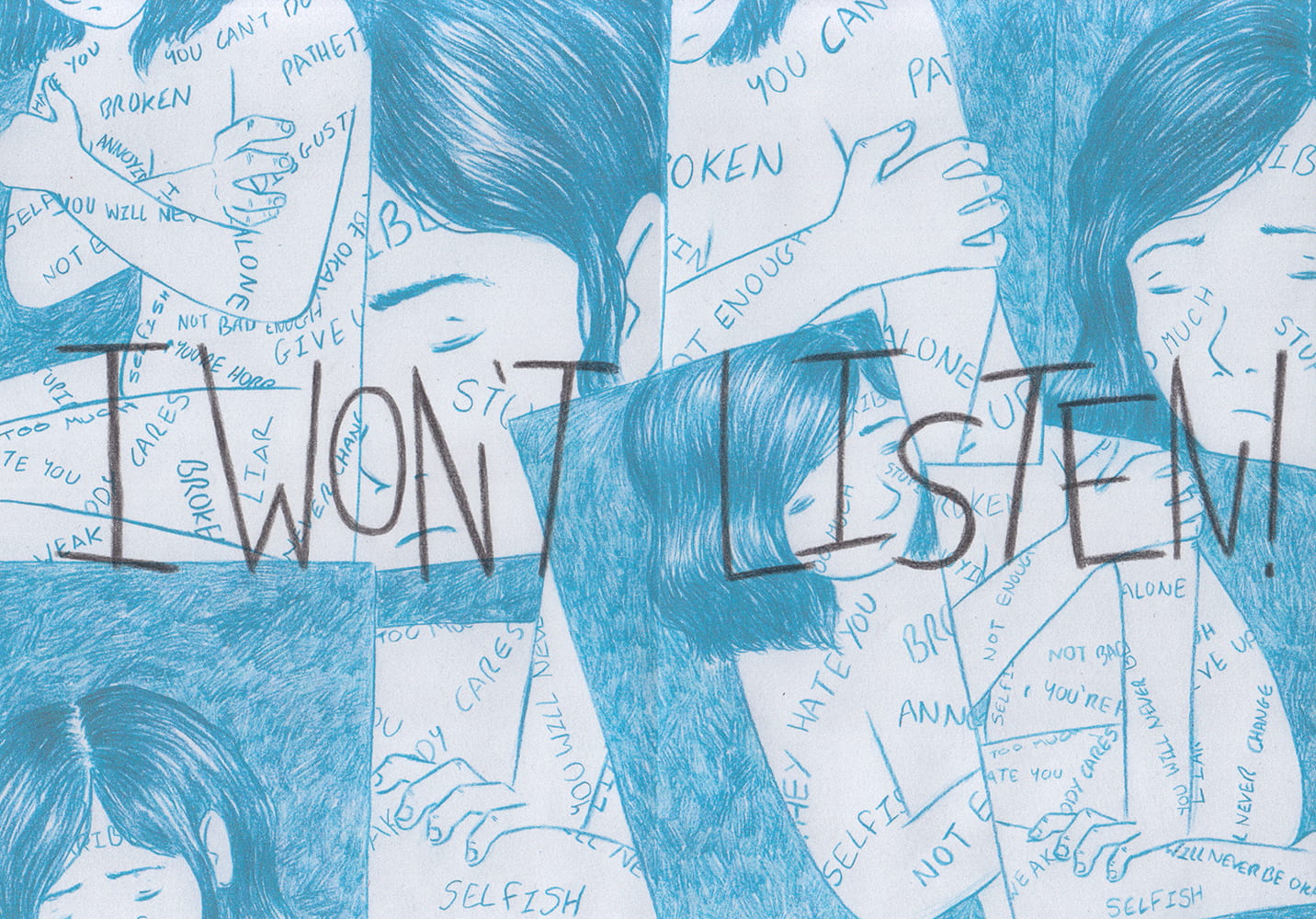 Illustration created to be a spread in a zine about protesting against the negative voices in your head.