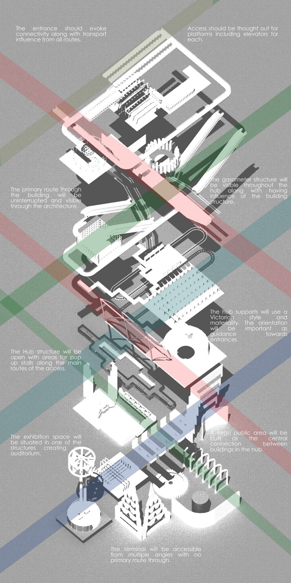 Axonometric diagram showing the concept behind the transit hub design.