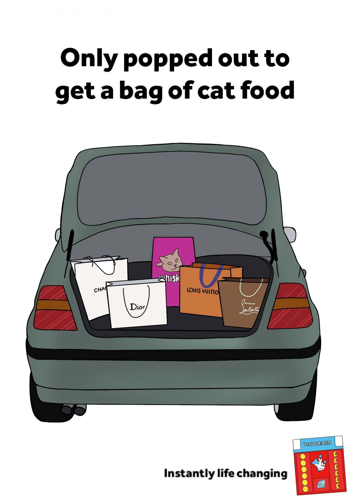 Illustration of car boot full of designer shopping bags and a bag of cat food with the tagline 'Only popped out to get a bag of cat food' (6-sheet).