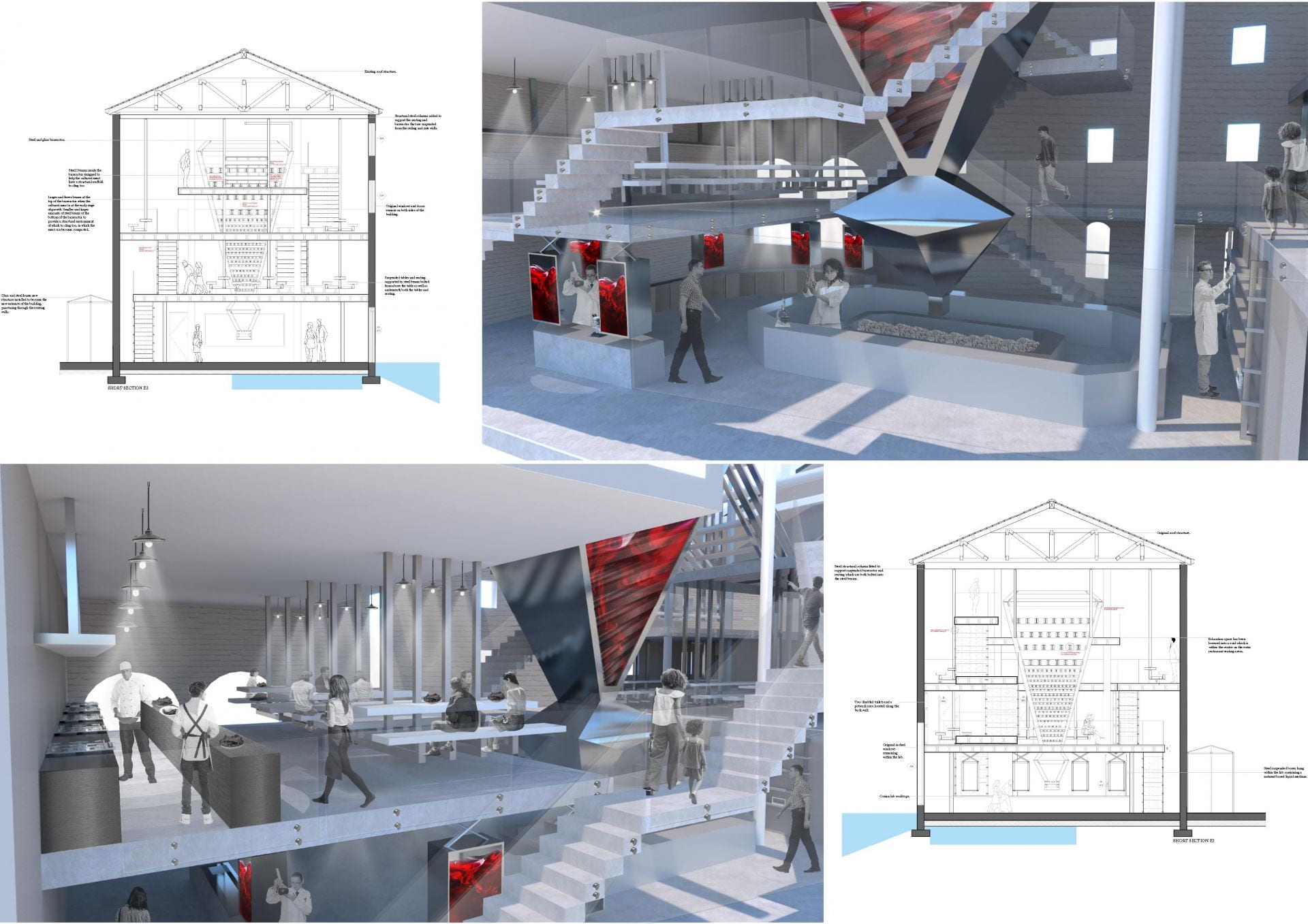 Mood board including a digital render of the interior of a building and illustrations of cross sections.