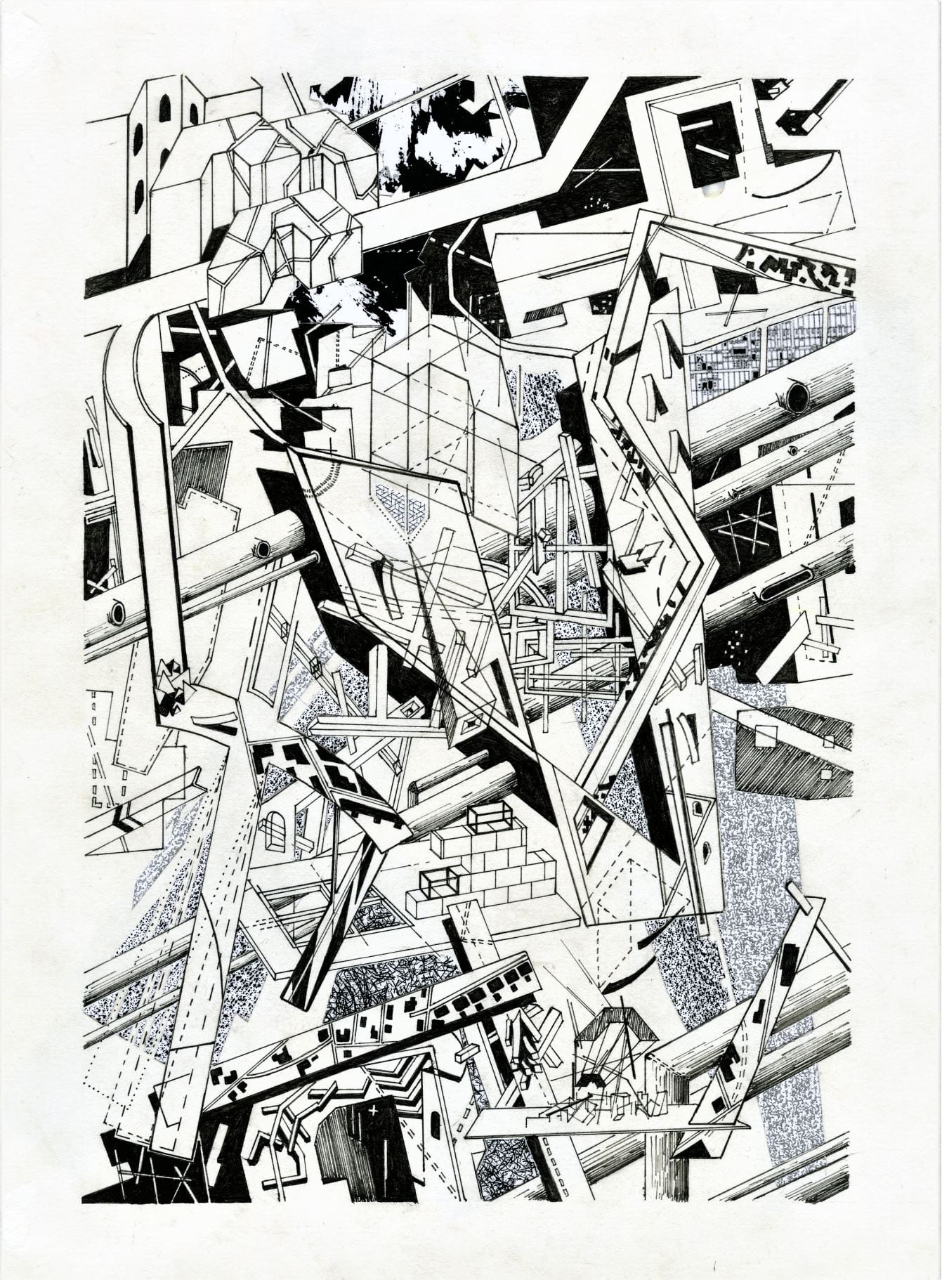 A black and white illustration, with maps, buildings and pipes, all colliding into each other.